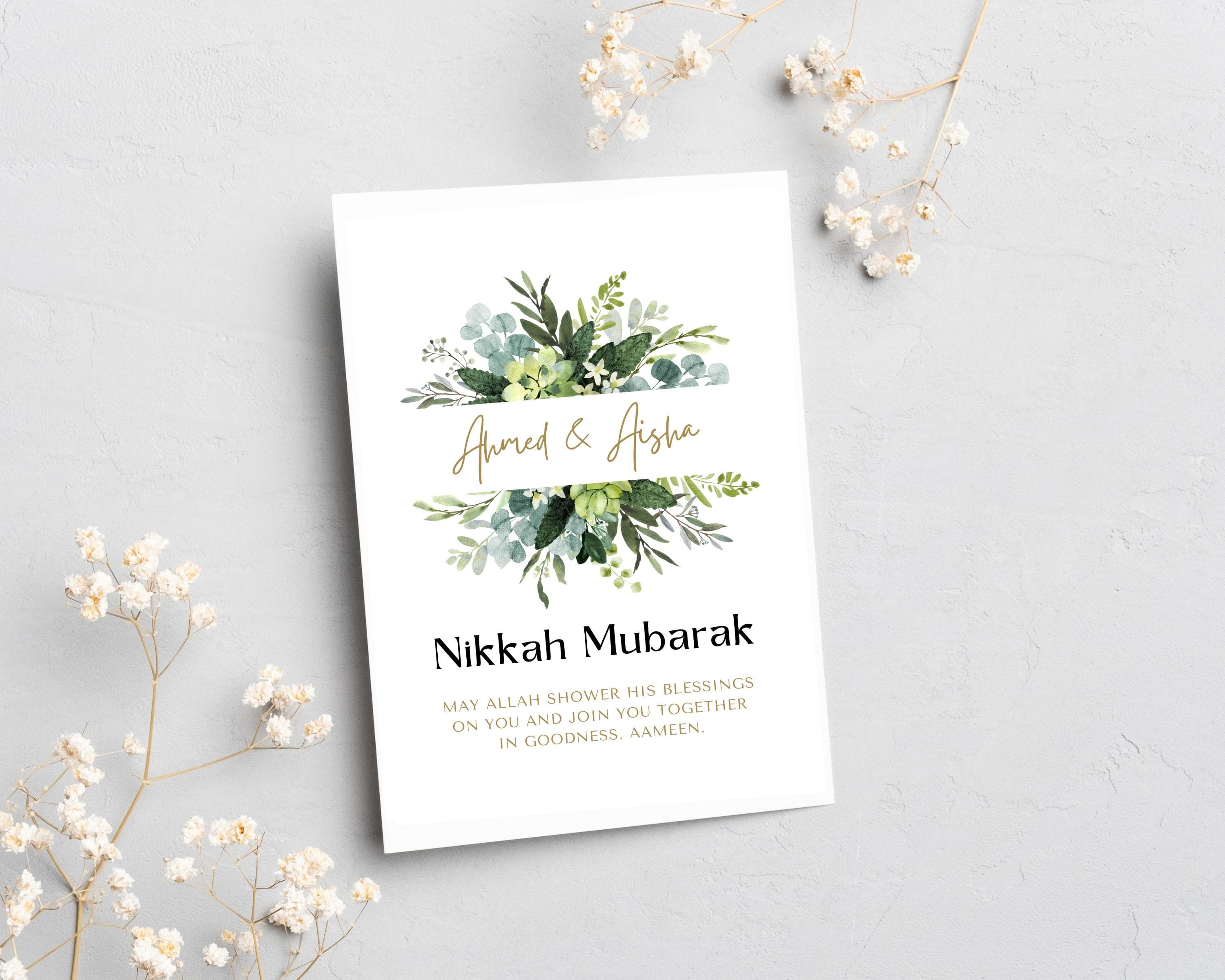 Celebrate a beautiful union with this personalised  Nikkah Mubarak Card. Perfect for sending heartfelt wishes to a newlywed couple. This Our high-quality printable ensures that your sentiments are conveyed with grace and style.