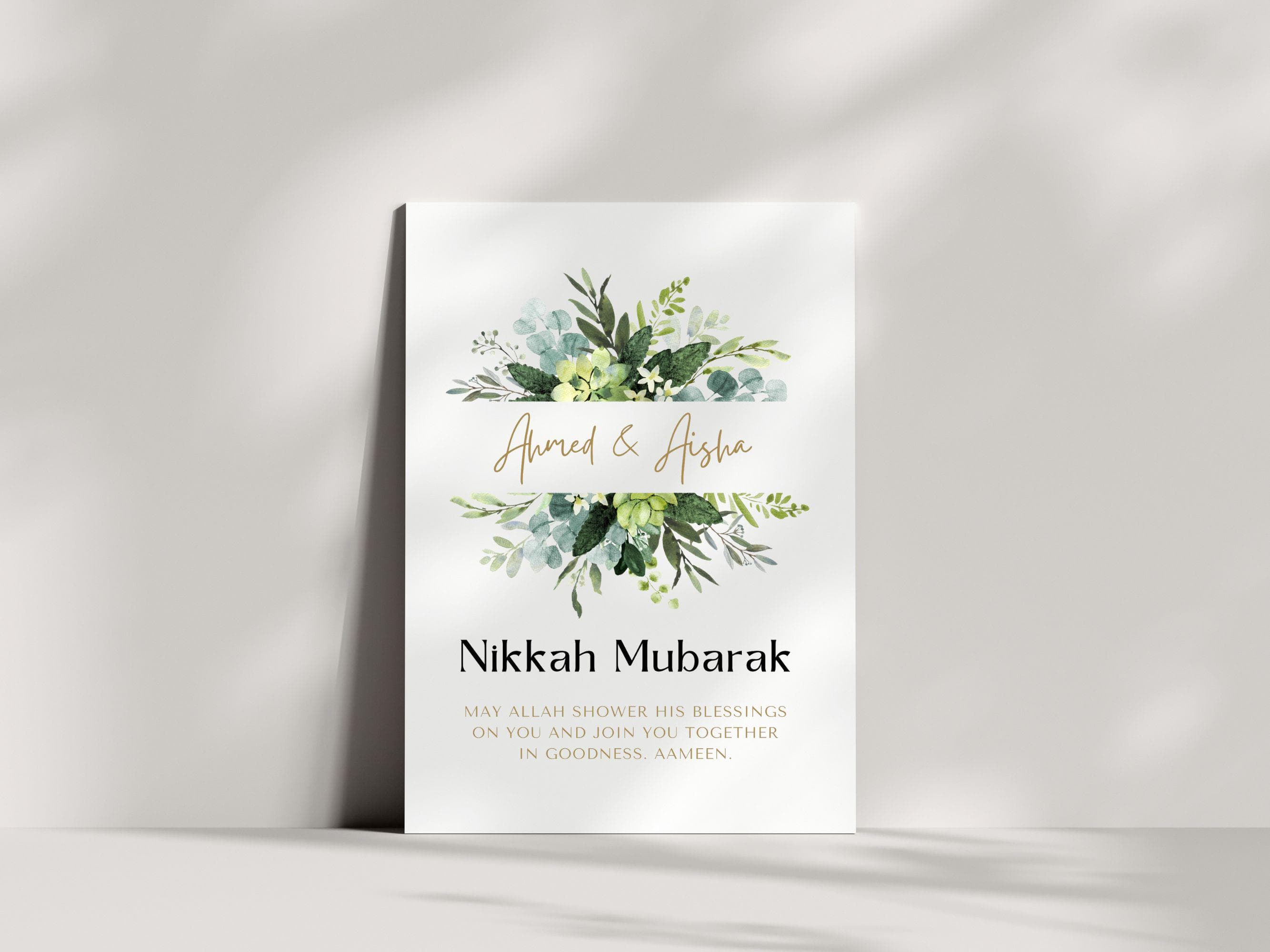 Celebrate a beautiful union with this personalised  Nikkah Mubarak Card. Perfect for sending heartfelt wishes to a newlywed couple. This Our high-quality printable ensures that your sentiments are conveyed with grace and style.