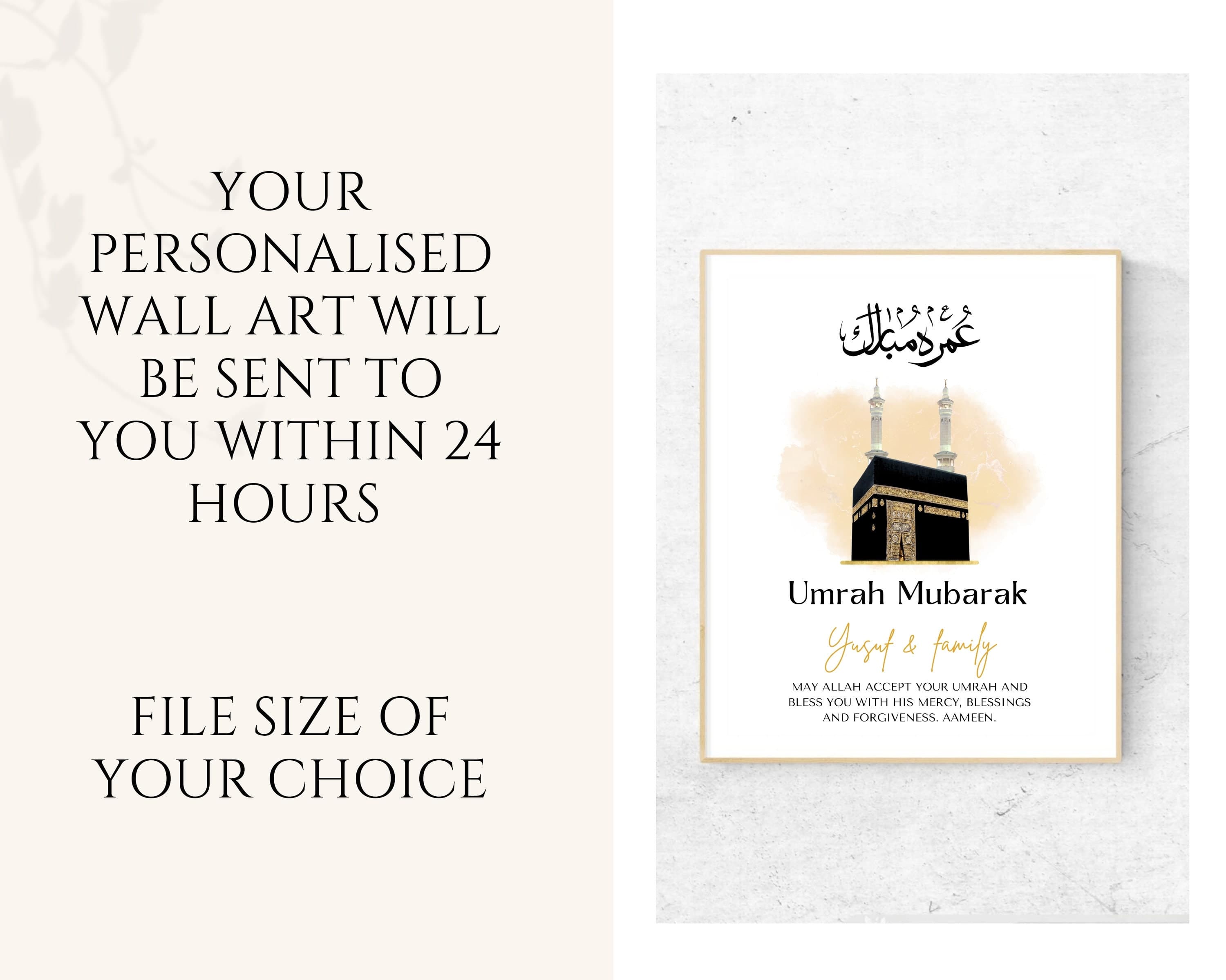 This beautiful Personalised Umrah Mubarak print makes the perfect gift for the completion of Umrah. Perfect to gift Muslim family and friends.