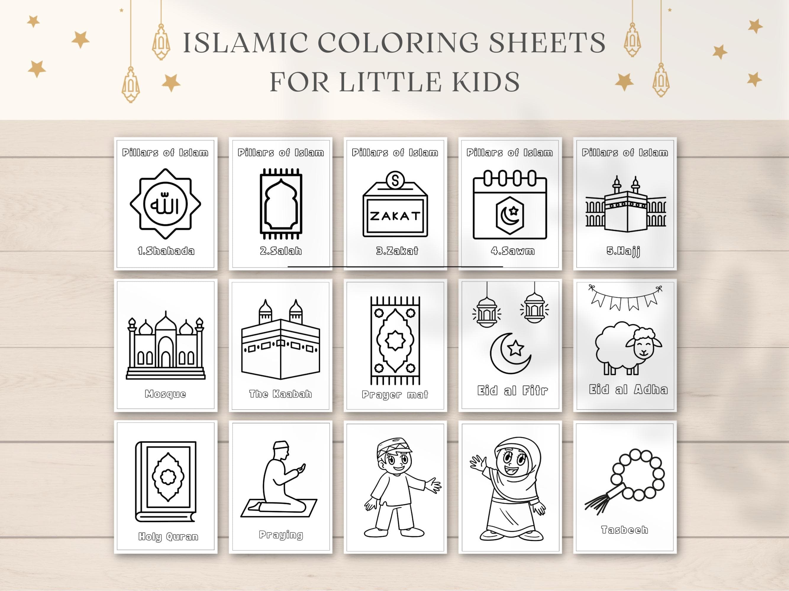 Islamic Coloring Pages, Easy Kids Coloring Printable, Ramadan coloring, Islamic Kids Activity, 5 Pillars of Islam, Preschool Coloring