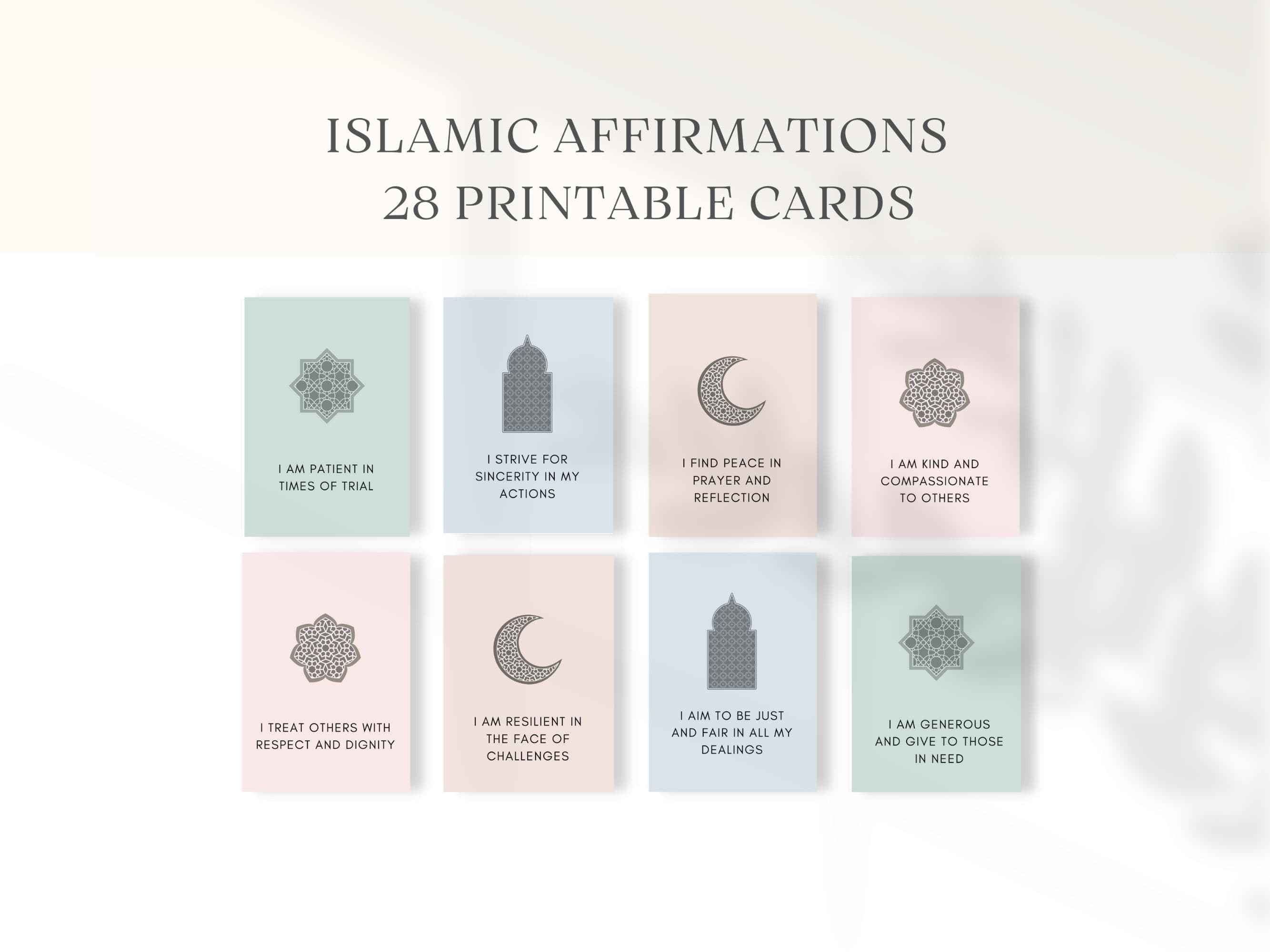 These 28  cards feature unique Islamic affirmations rooted in Islamic values. From gratitude and patience to kindness and resilience, these affirmatio.