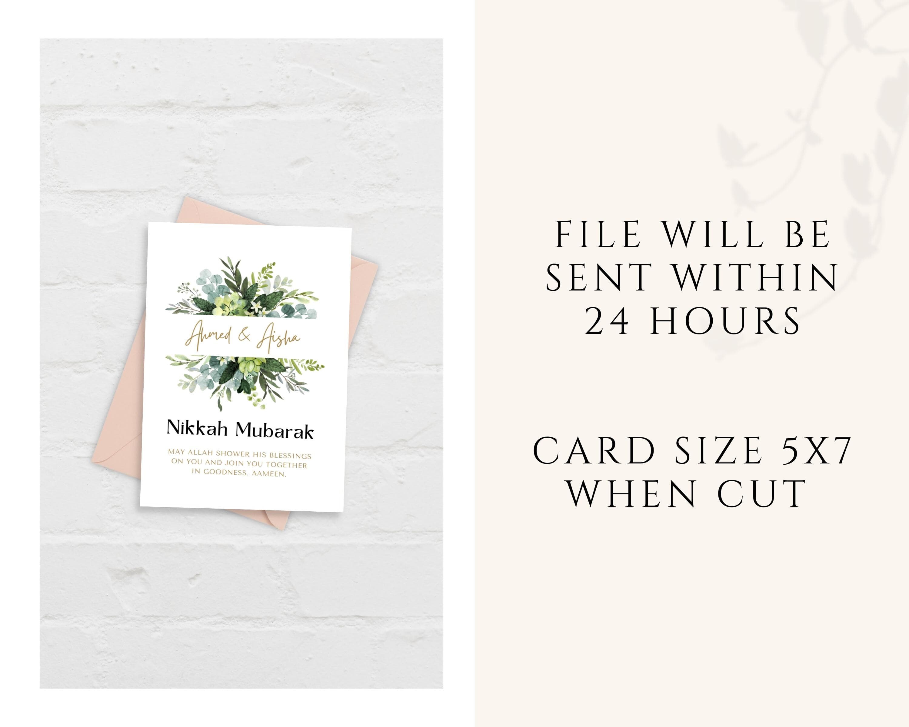 Celebrate a beautiful union with this personalised  Nikkah Mubarak Card. Perfect for sending heartfelt wishes to a newlywed couple. This Our high-quality printable ensures that your sentiments are conveyed with grace and style.