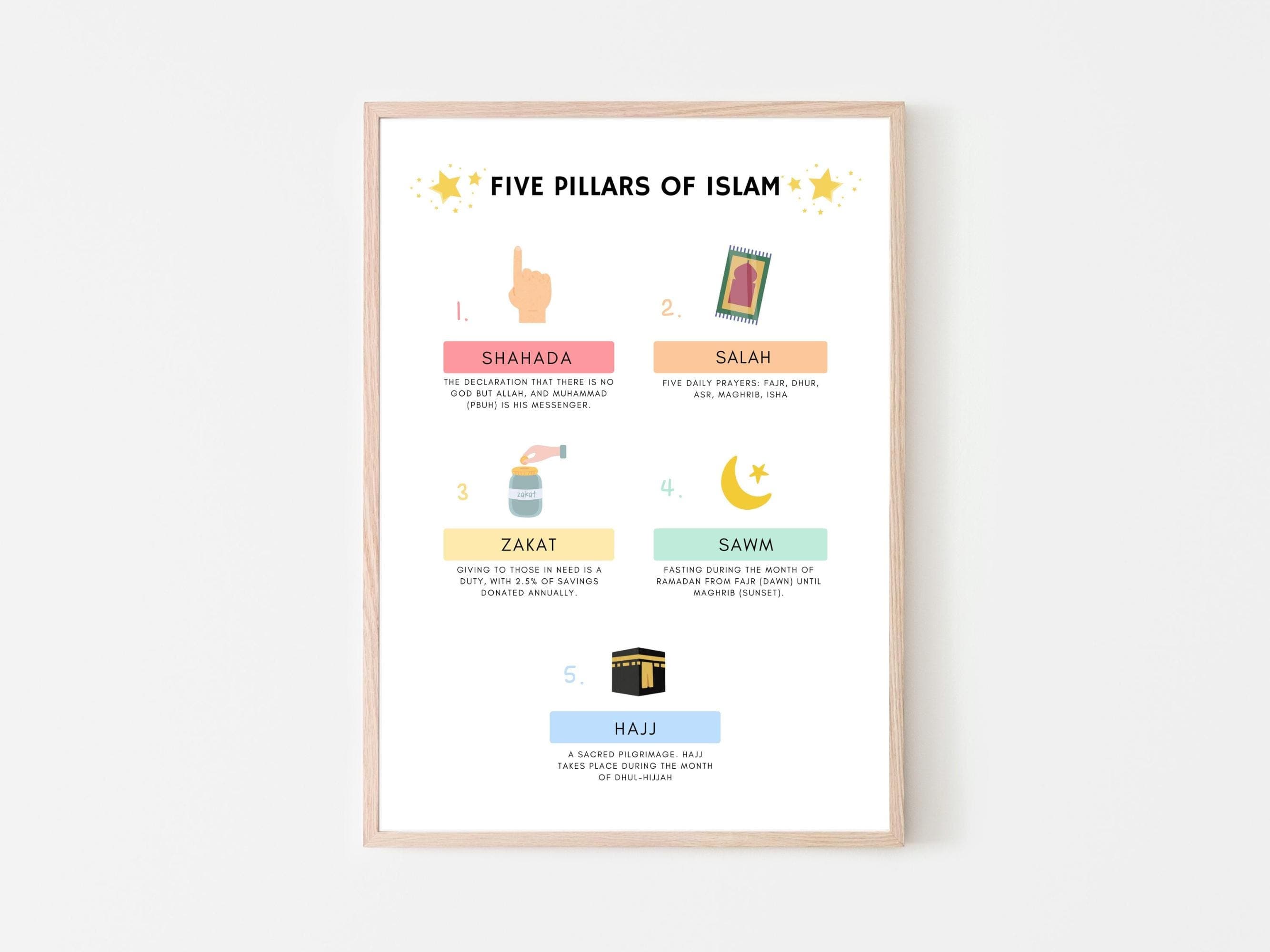 Introduce children and new learners to the core values of Islam with these beautifully designed Five Pillars of Islam Poster. This Islamic educational tool provides clear, engaging visuals and descriptions for each of the Five Pillars: Shahada, Salah, Zakat, Sawm, and Hajj.