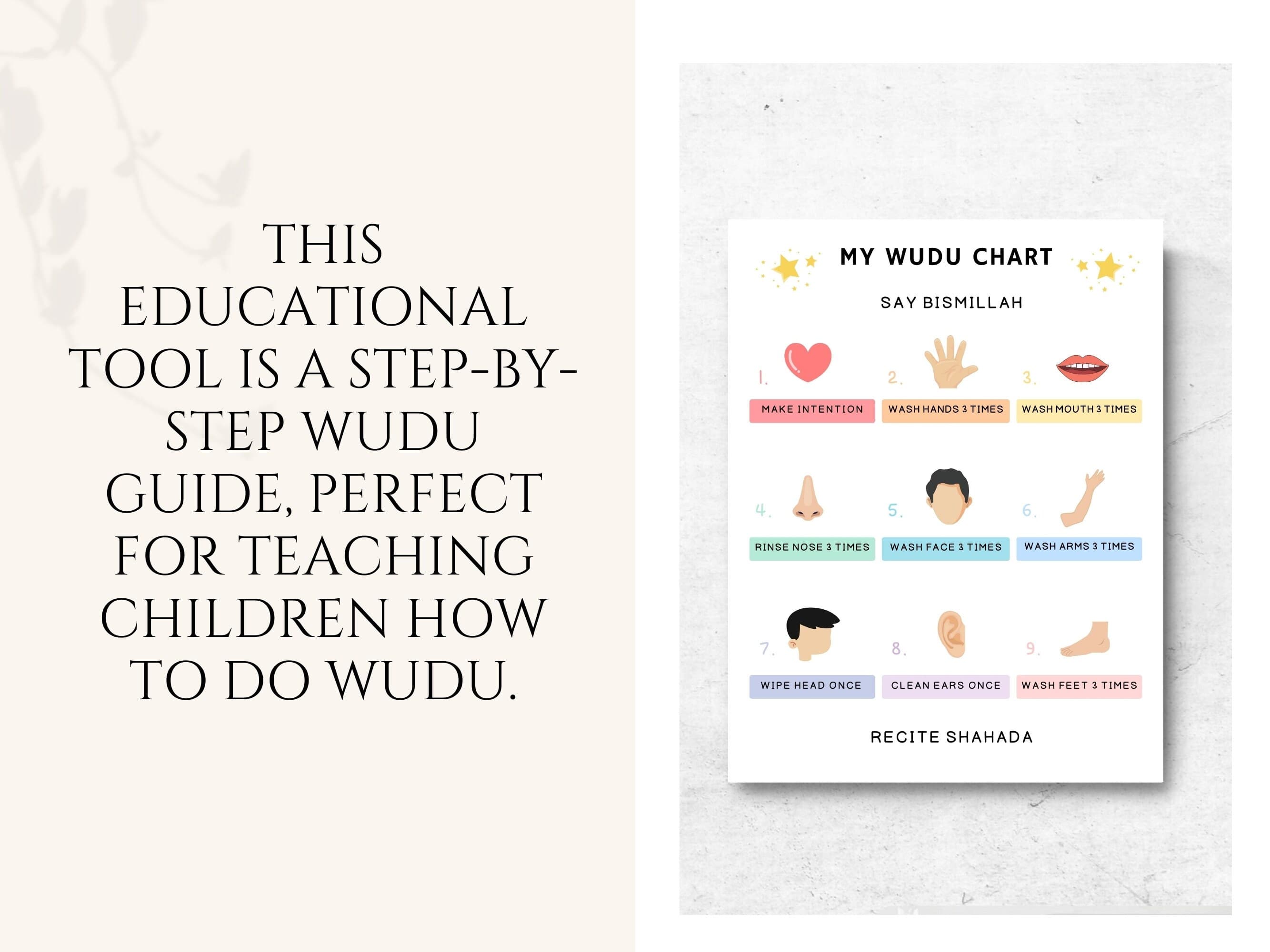 This wudu chart printable is educational tool serves as a step-by-step wudu guide, perfect for teaching children, beginners, or anyone looking to refine their ablution process.