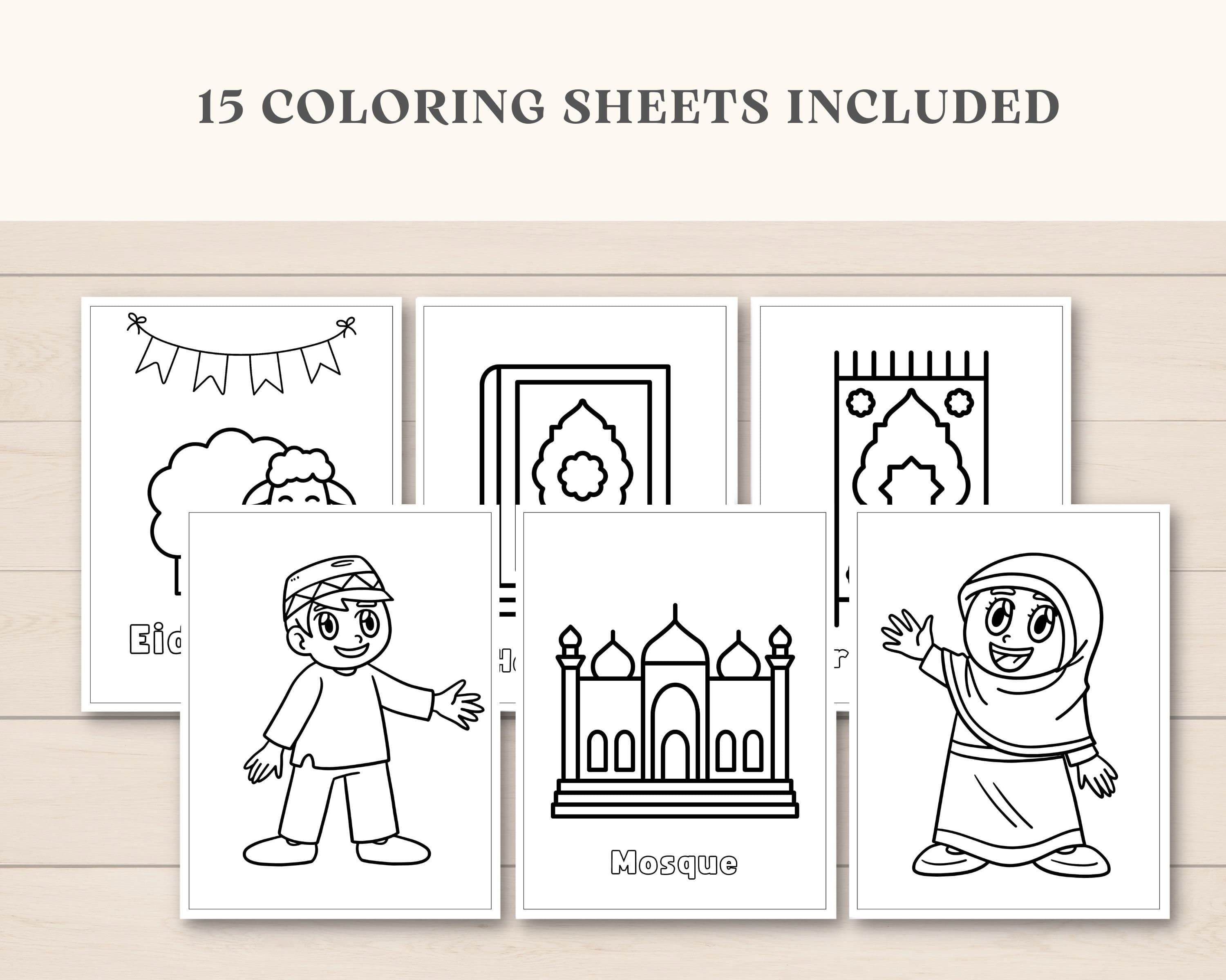 These easy Islamic coloring sheets are a perfect activity for little kids. Simply print and let kids color in and learn about Islam. Also includes 5 Pillars of Islam.