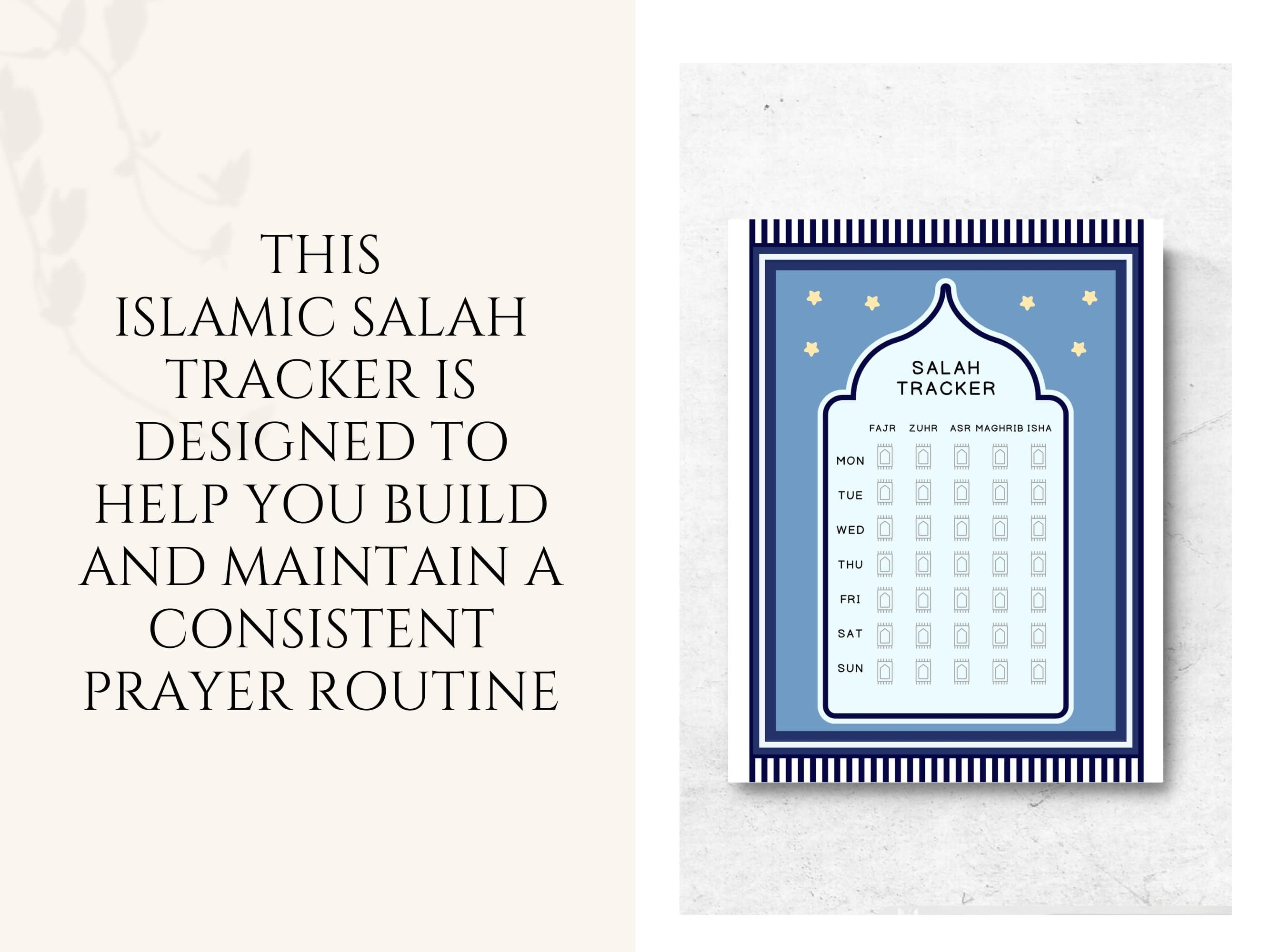 This Islamic Salah tracker is designed to help you build and maintain a consistent prayer routine, fostering spiritual growth and mindfulness.
