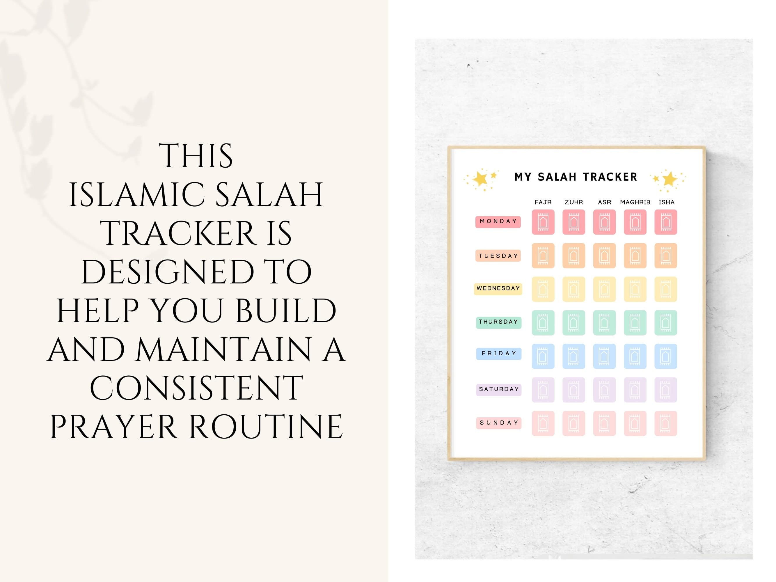 This Islamic Salah tracker is designed to help you build and maintain a consistent prayer routine, fostering spiritual growth and mindfulness.