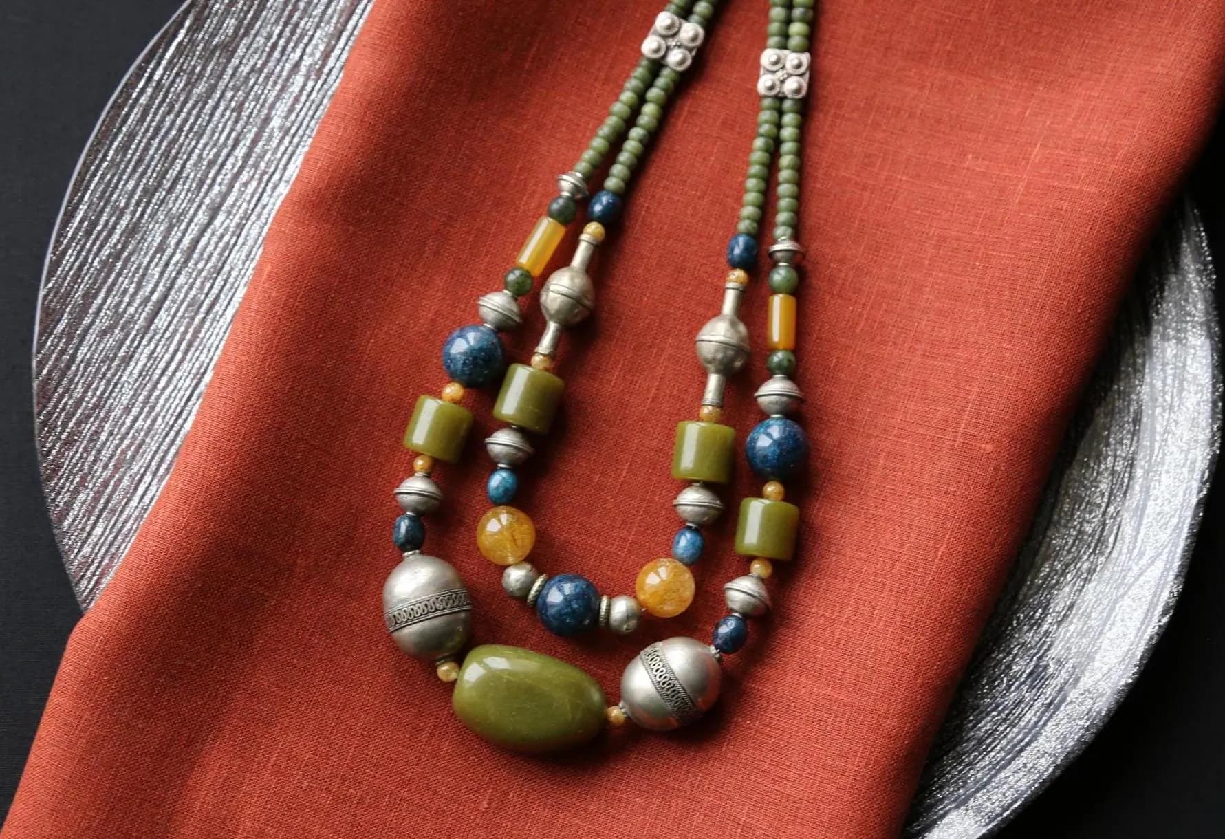 Nephrite Jade Apatite Rutilated Quartz Necklace with Old Silver Turkmen Beads - Multicolor Designer Necklace - Ethnic Tribal Jewelry - Boho