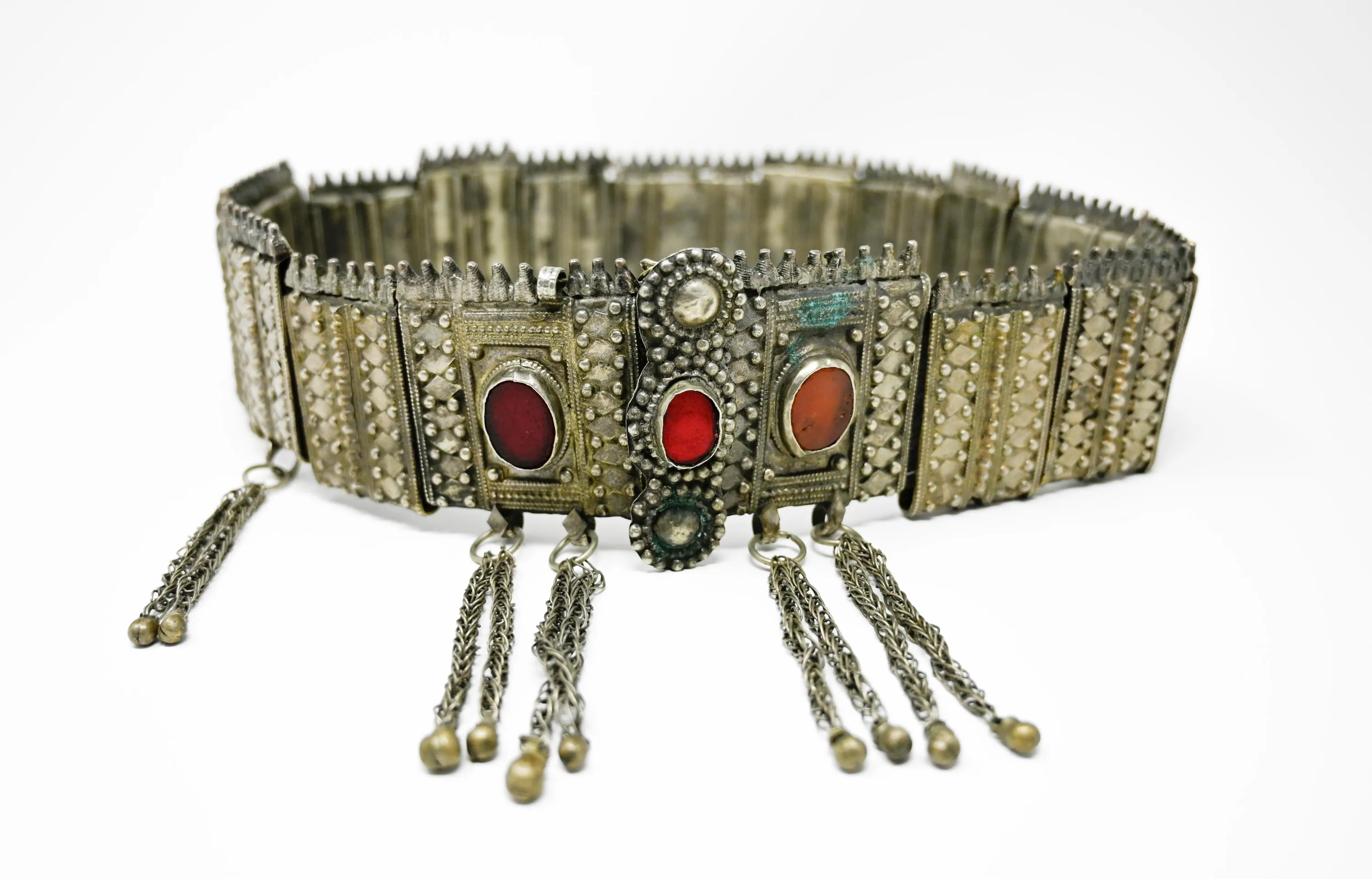 Antique Middle Eastern Islamic Yemeni Bedouin Silver Belt with Carnelian Stones