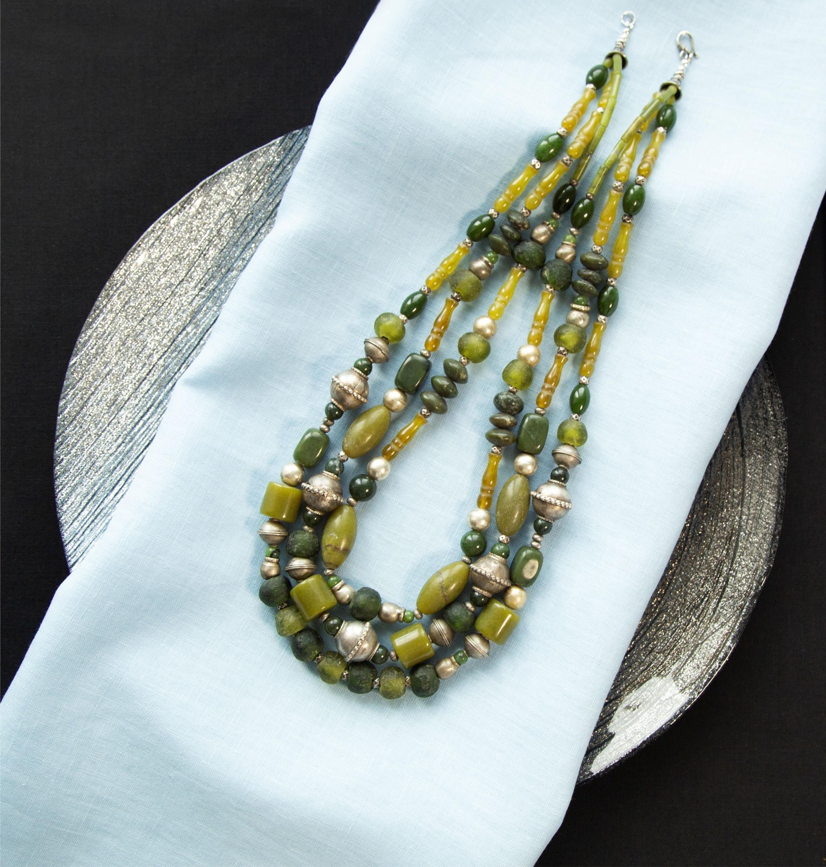 Three Strand Natural Green Jade and African Glass Necklace - Necklace with Silver Antique Ethnic Asian and African Beads - Tribal Jewelry