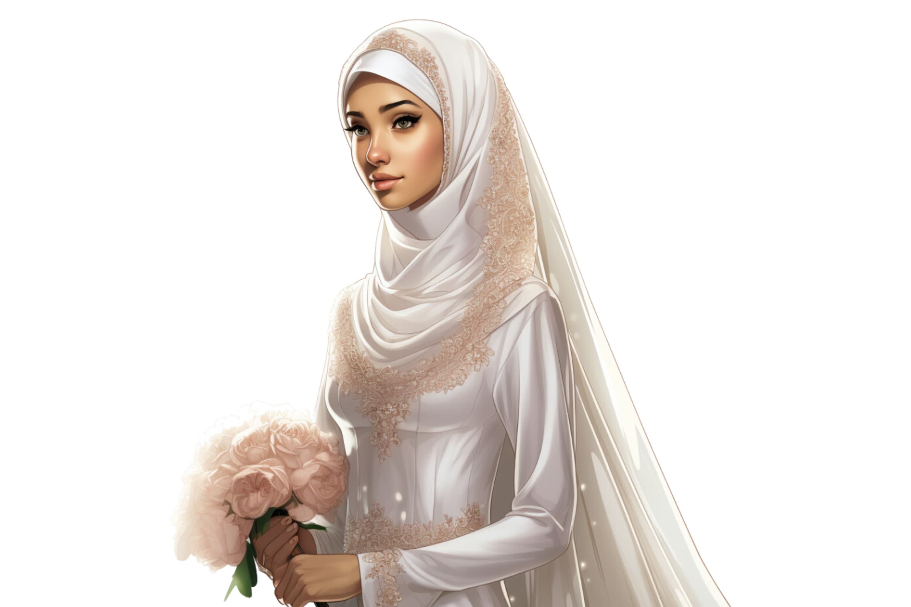 Muslim Hijabi Bride Clipart, Muslima Women Watercolor Art, Islamic Art, Muslim Anime Girl, Muslim Cartoon, Hijab Girl PNG, SVG - image 3