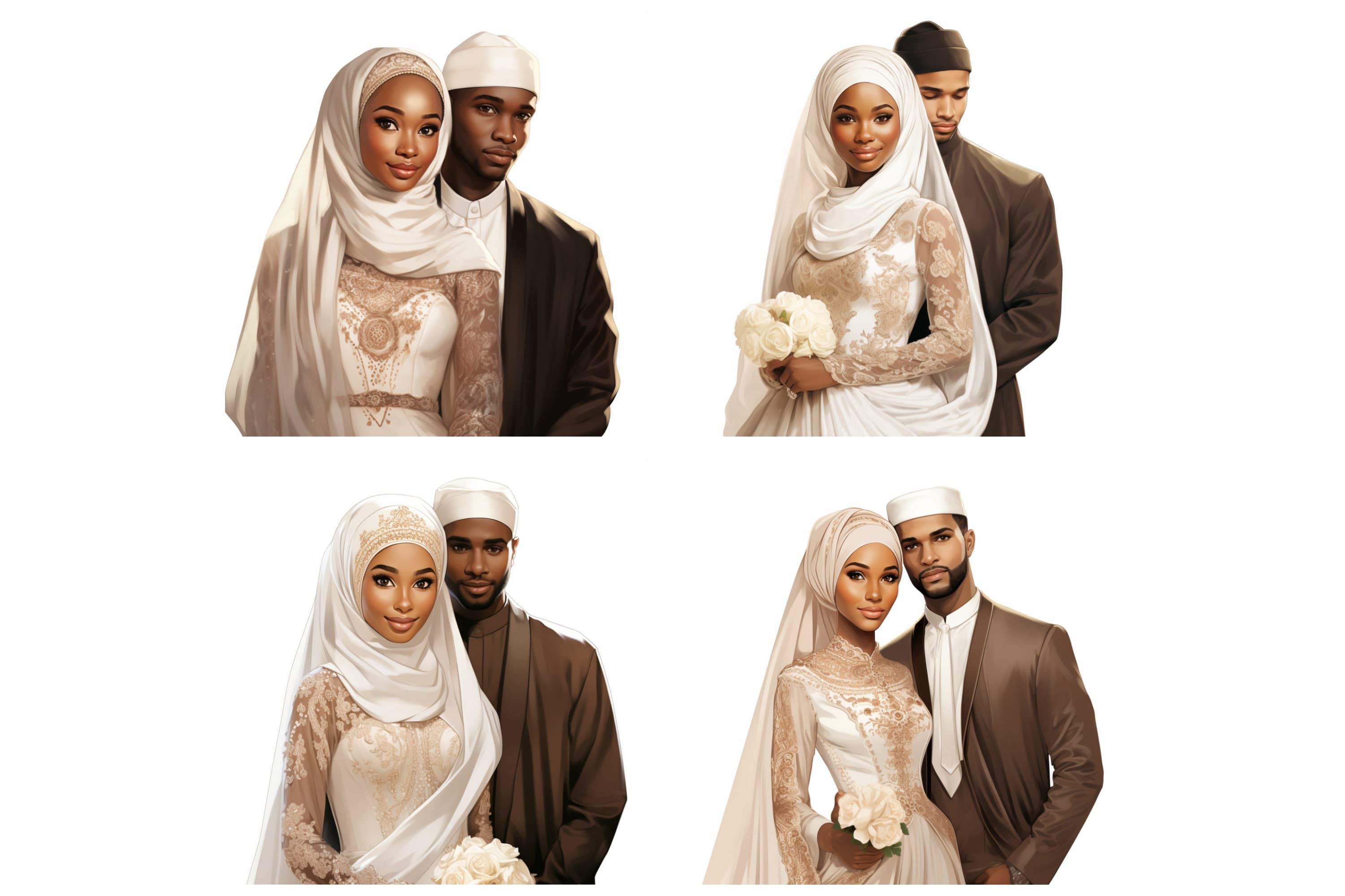 Muslim Hijabi Bride Clipart, Black Muslim Bride, Islamic Black Groom, Muslim Anime Girl, Muslim Wedding Clipart, African Muslim Bride