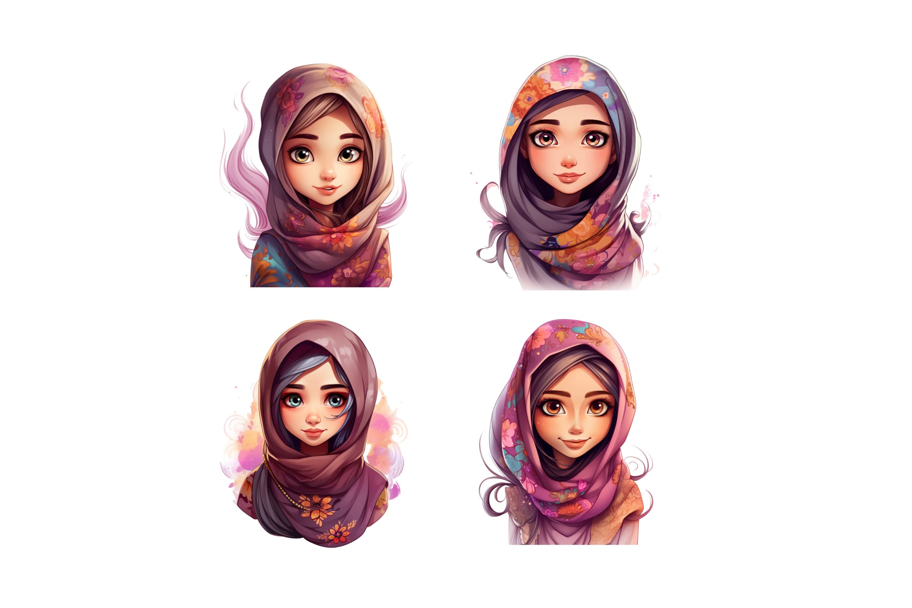 Muslim Hijabi Girl Clipart, Muslima Women Watercolor Art, Islamic Art, Muslim Anime Girl, Muslim Cartoon, Hijab Girl PNG, SVG