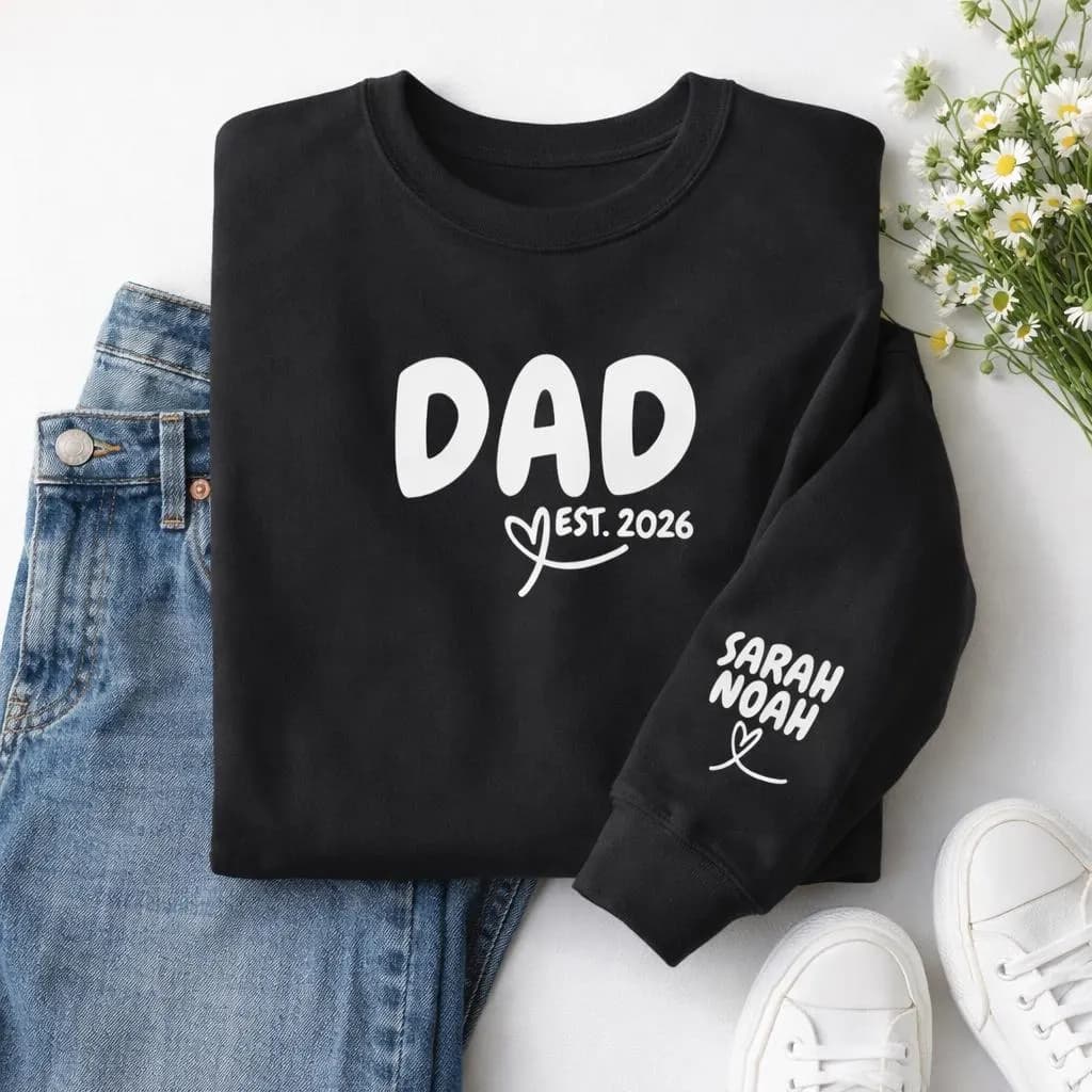 Personalized Dad Est. 2026 Crewneck Sweatshirt with Custom Sleeve Kids Names