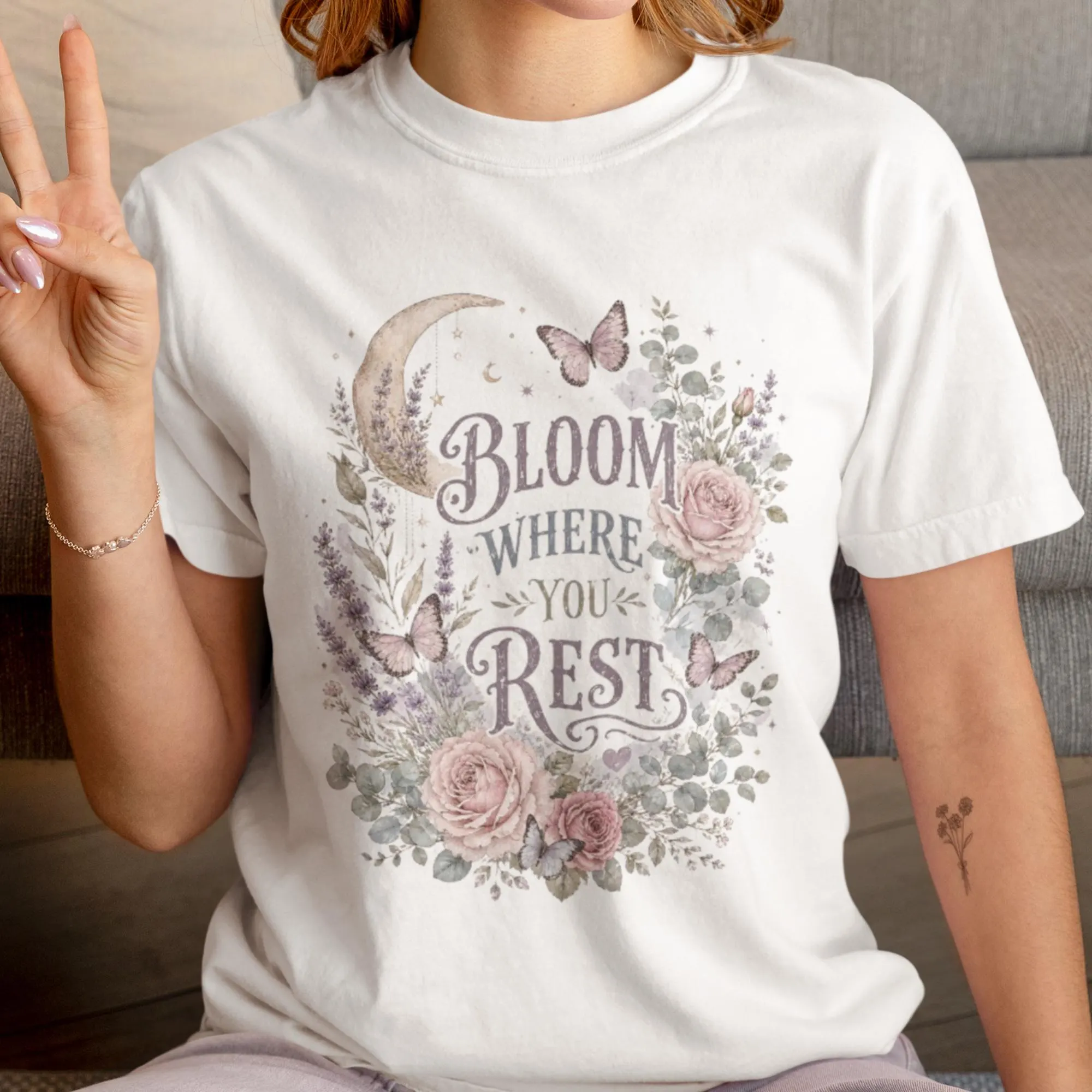 Bloom Where You Rest T-Shirt | Floral Moon Butterfly Typography | Floral Tee