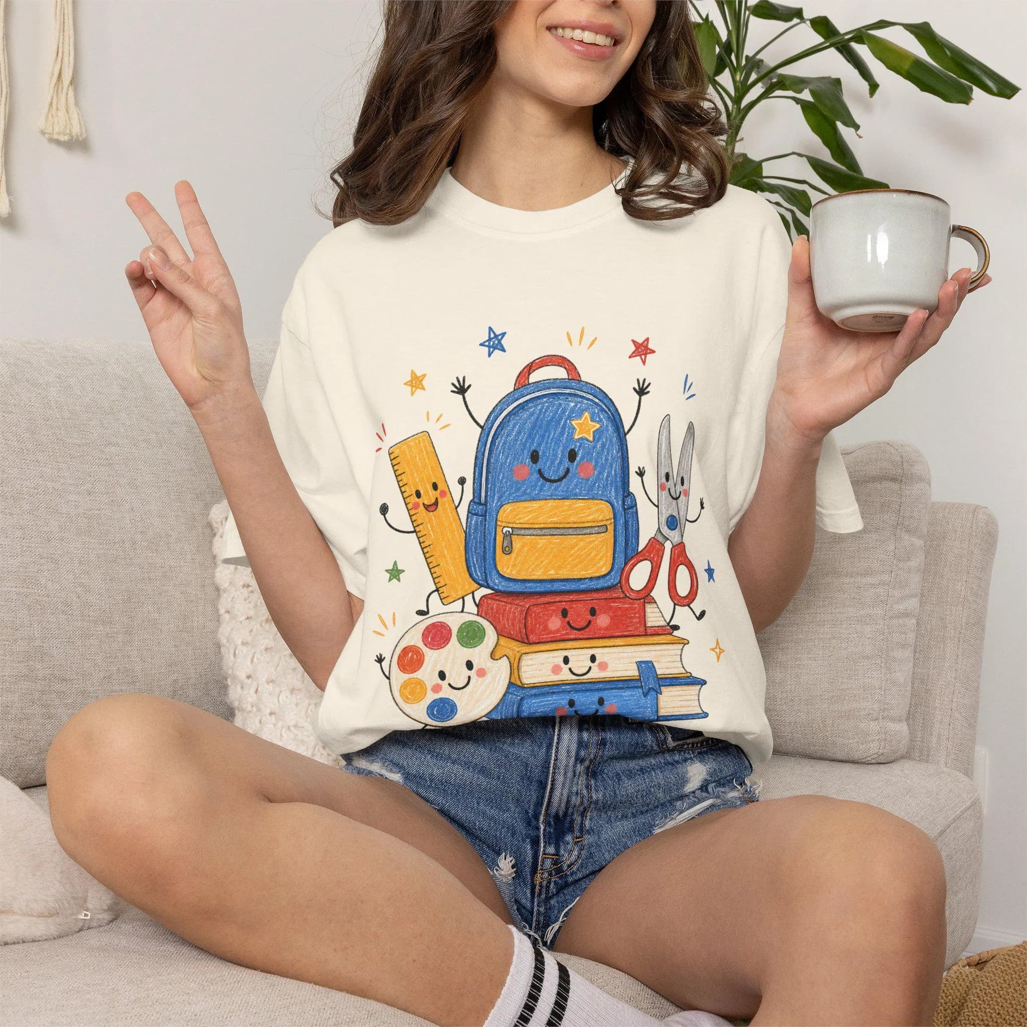 School Supplies Stack T-Shirt | Backpack, Books, Scissors, Paint Palette, Ruler | Back To School Tee - image 4