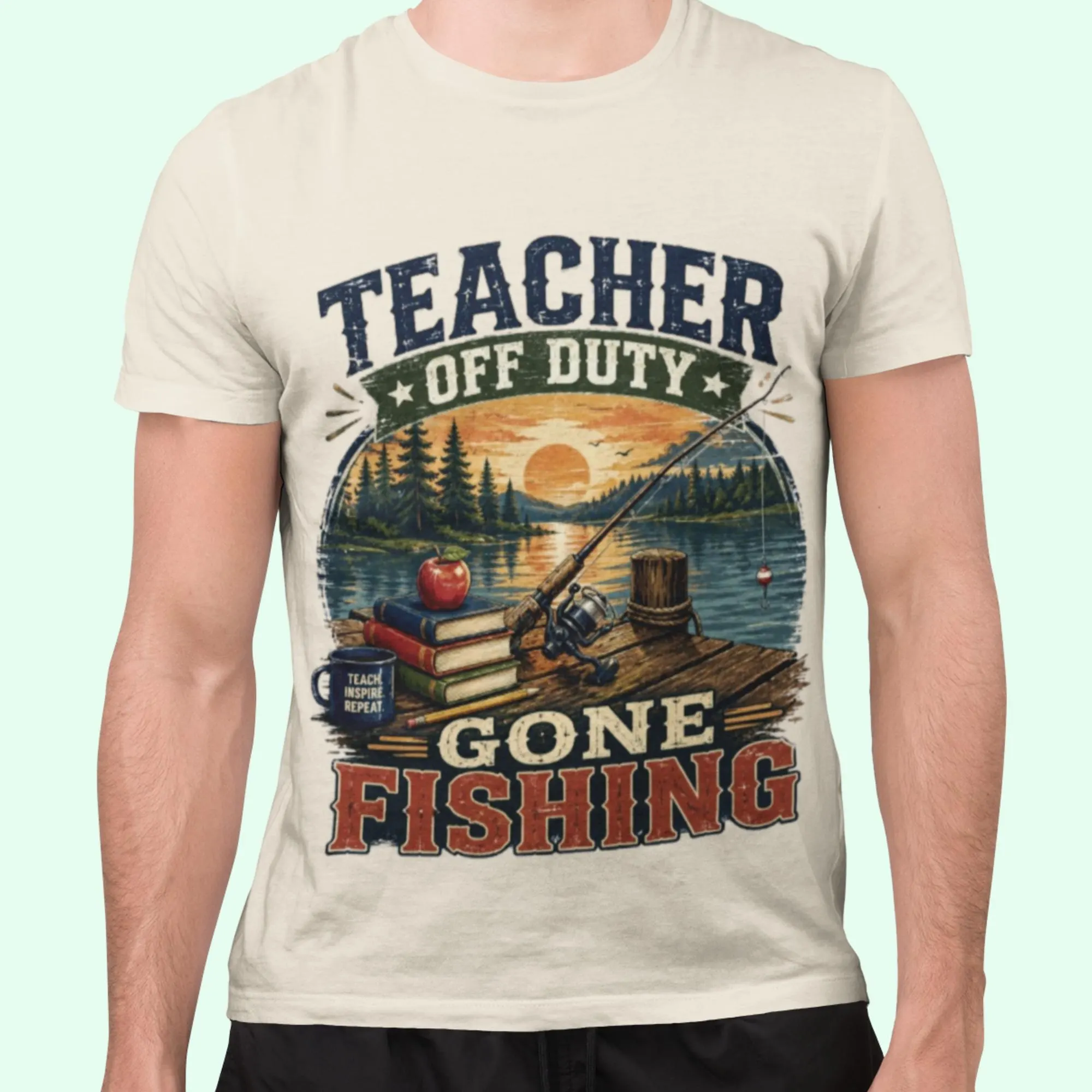 Teacher Off Duty Gone Fishing Shirt, Lakeside Sunset Graphic Tee