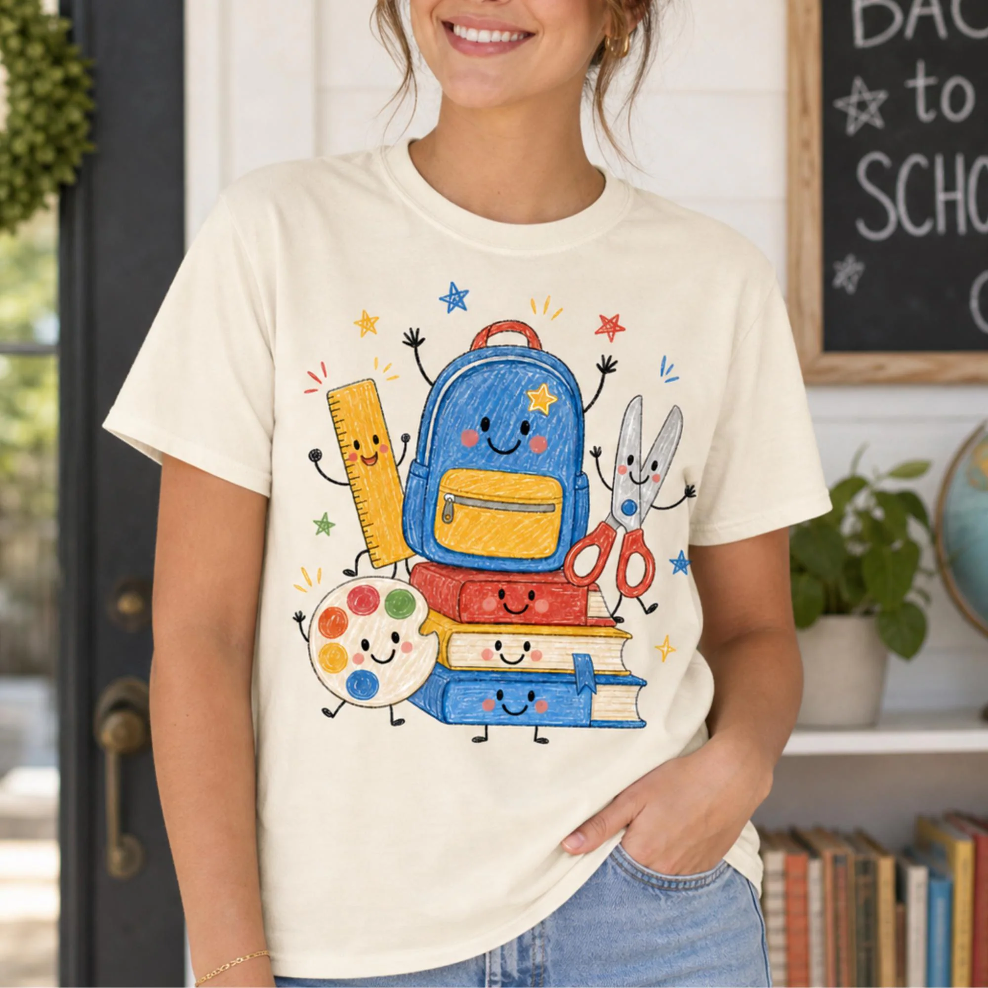 School Supplies Stack T-Shirt | Backpack, Books, Scissors, Paint Palette, Ruler | Back To School Tee