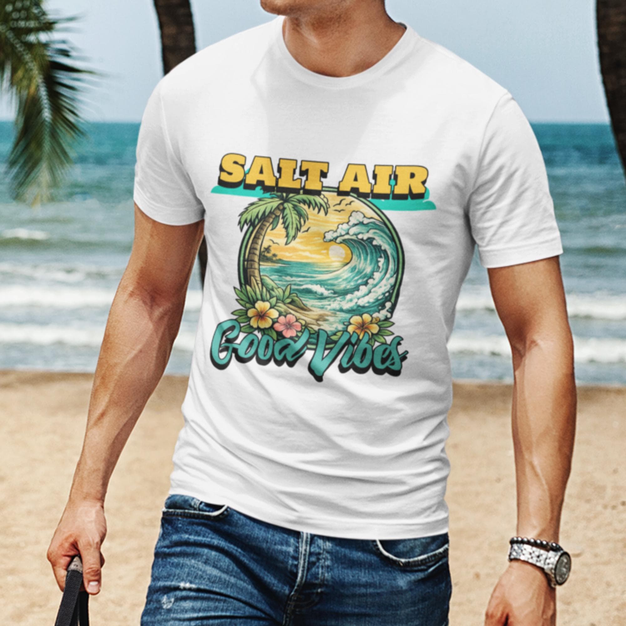 Beach Vibes Graphic Tee, Palm Tree Wave Shirt, Coastal Summer T-Shirt