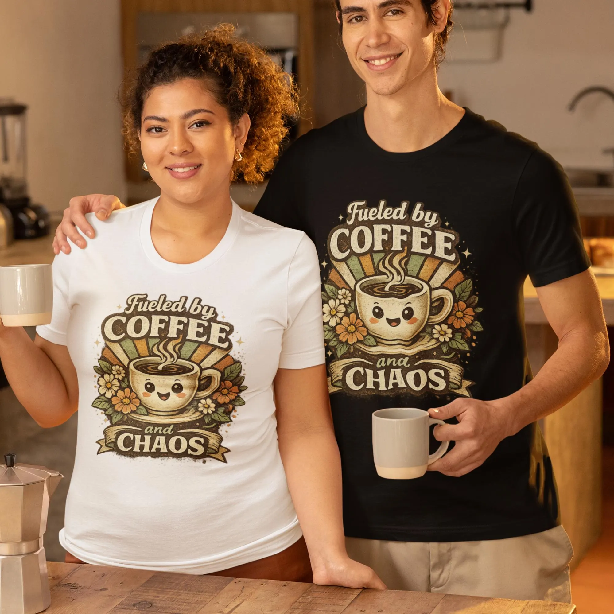 Retro Floral Coffee T-Shirt | Smiling Coffee Cup Vintage Graphic Tee