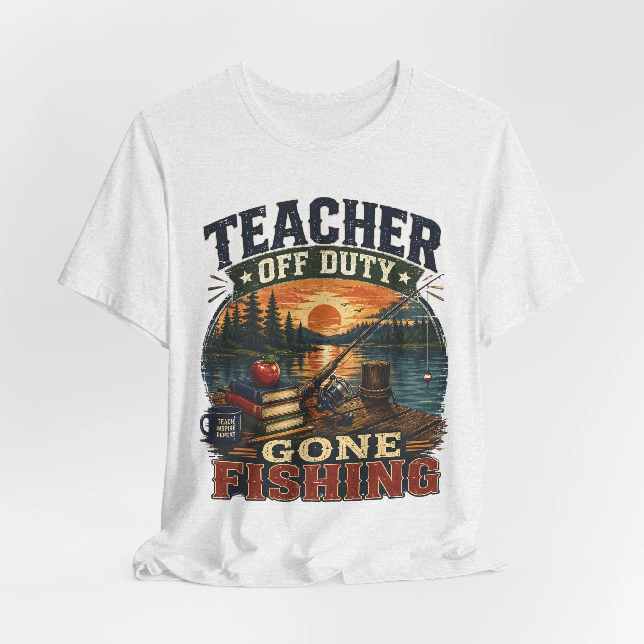 Teacher Off Duty Gone Fishing Shirt, Lakeside Sunset Graphic Tee - image 3