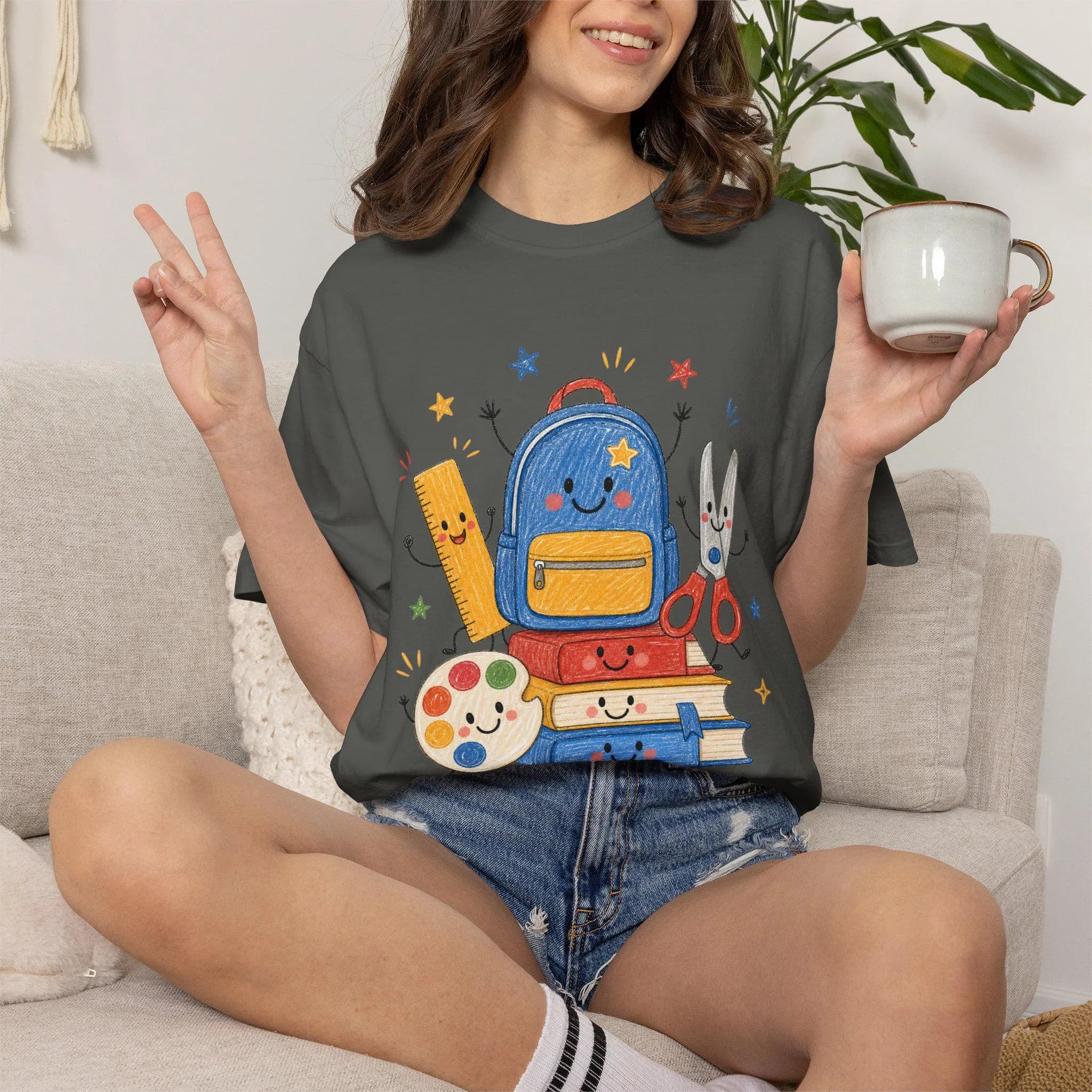 School Supplies Stack T-Shirt | Backpack, Books, Scissors, Paint Palette, Ruler | Back To School Tee - image 5