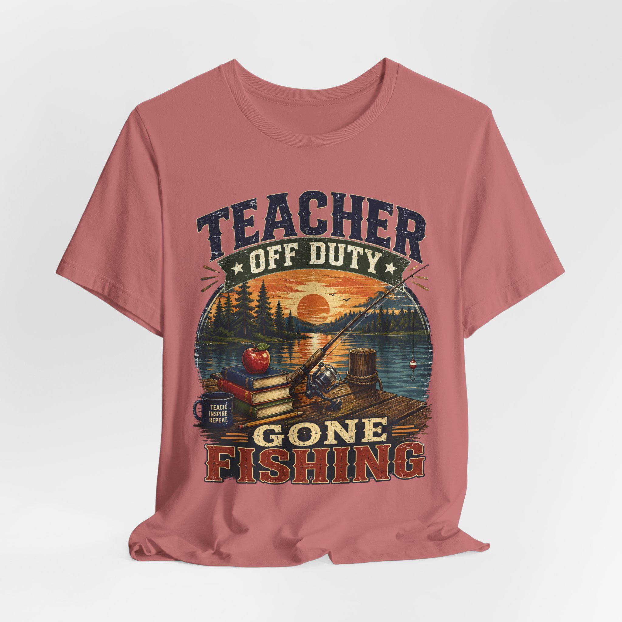 Teacher Off Duty Gone Fishing Shirt, Lakeside Sunset Graphic Tee - image 4