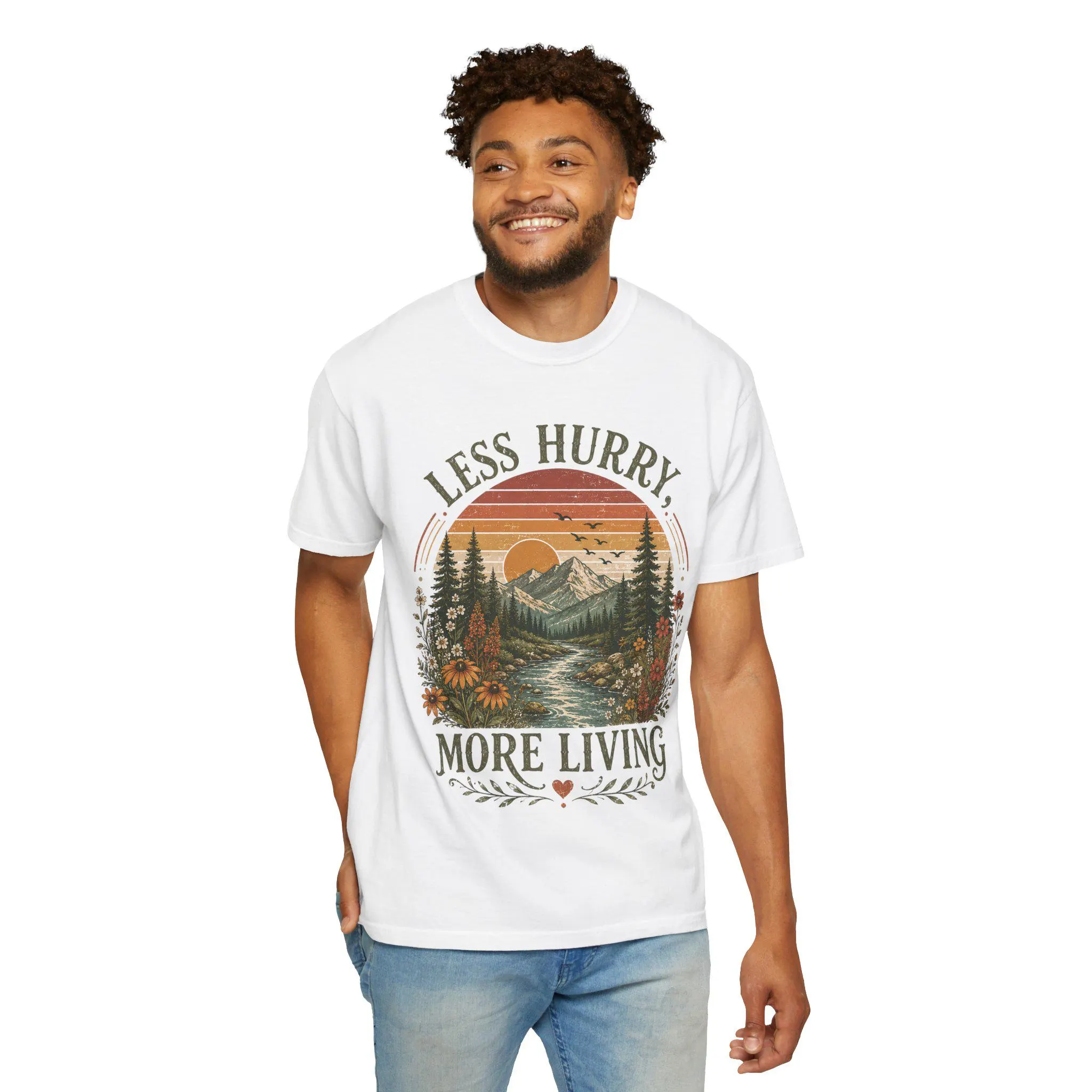 Less Hurry More Living T-shirt | Mountain Sunset Nature Graphic Tee - image 3