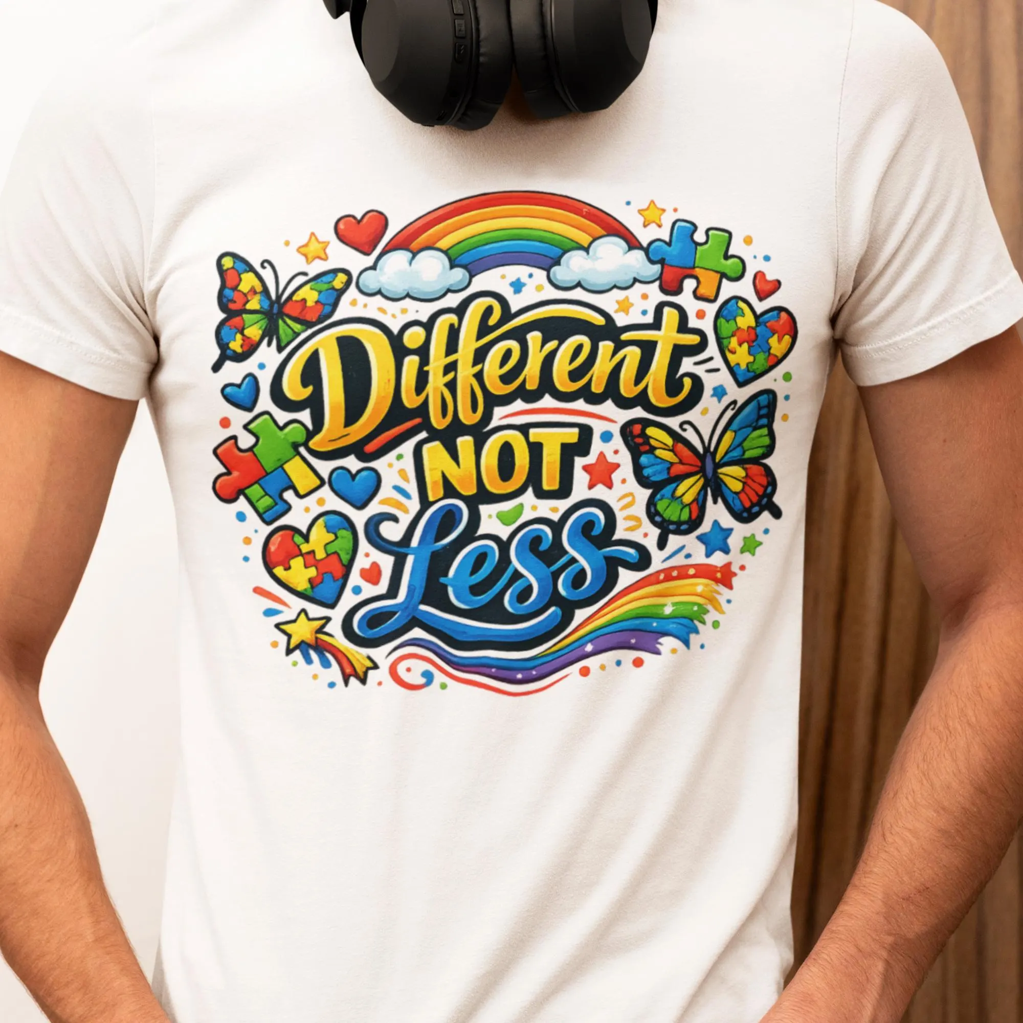 Different Not Less Autism Awareness T-Shirt | Colorful Puzzle Butterfly Graphic Tee