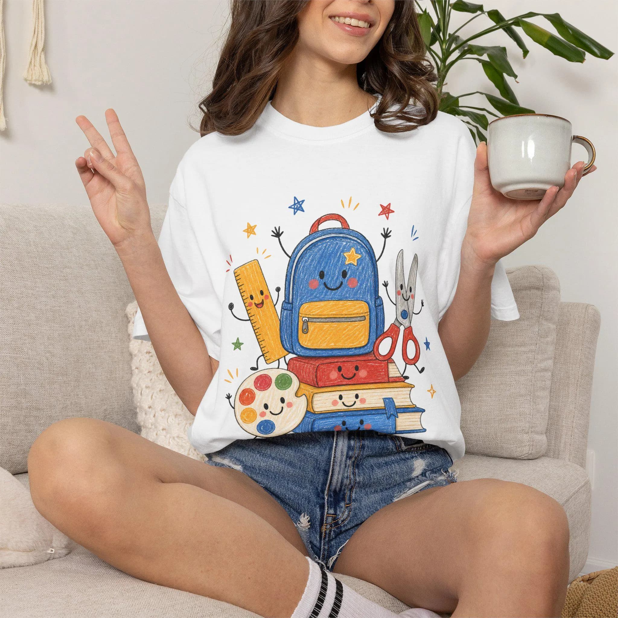 School Supplies Stack T-Shirt | Backpack, Books, Scissors, Paint Palette, Ruler | Back To School Tee - image 3