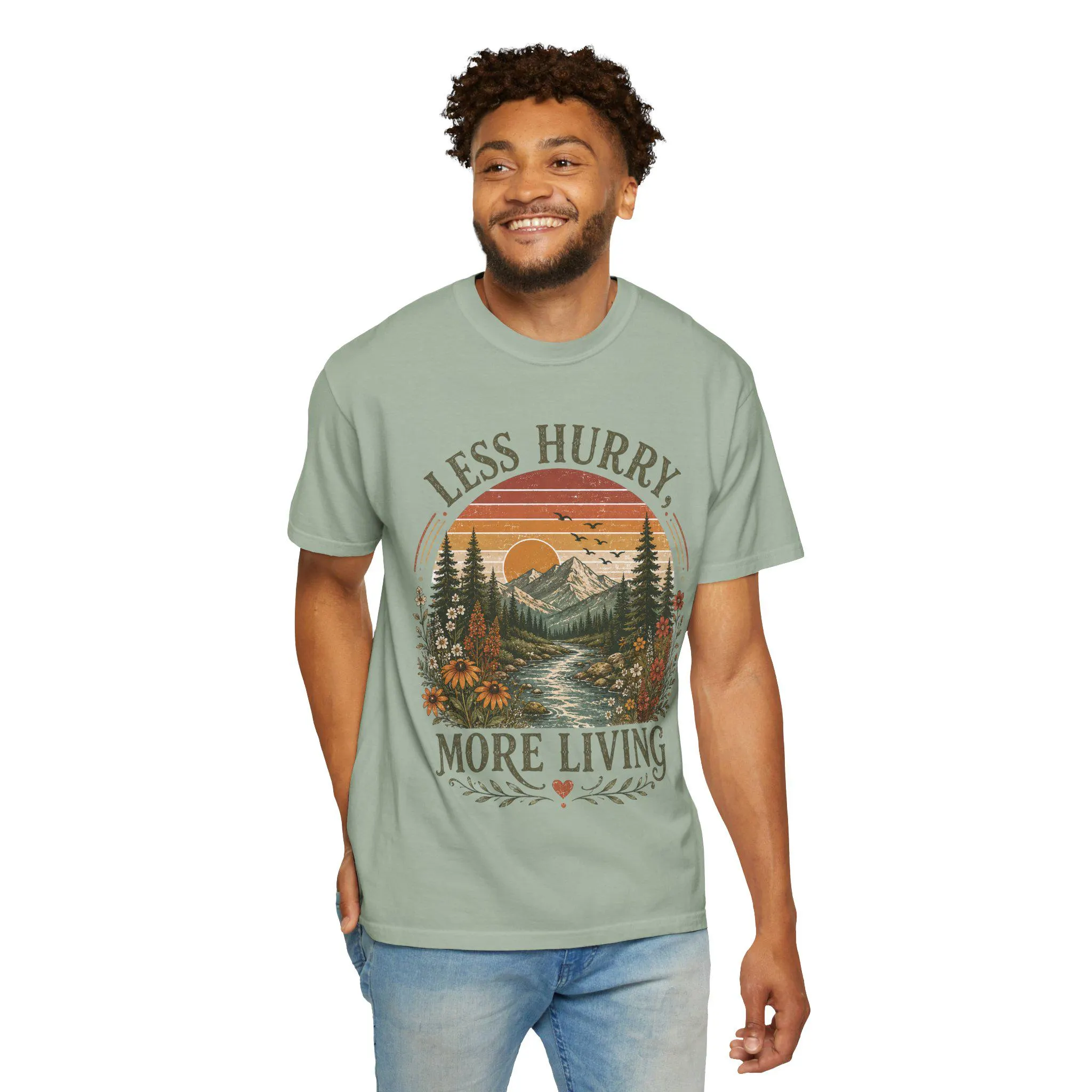 Less Hurry More Living T-shirt | Mountain Sunset Nature Graphic Tee - image 5