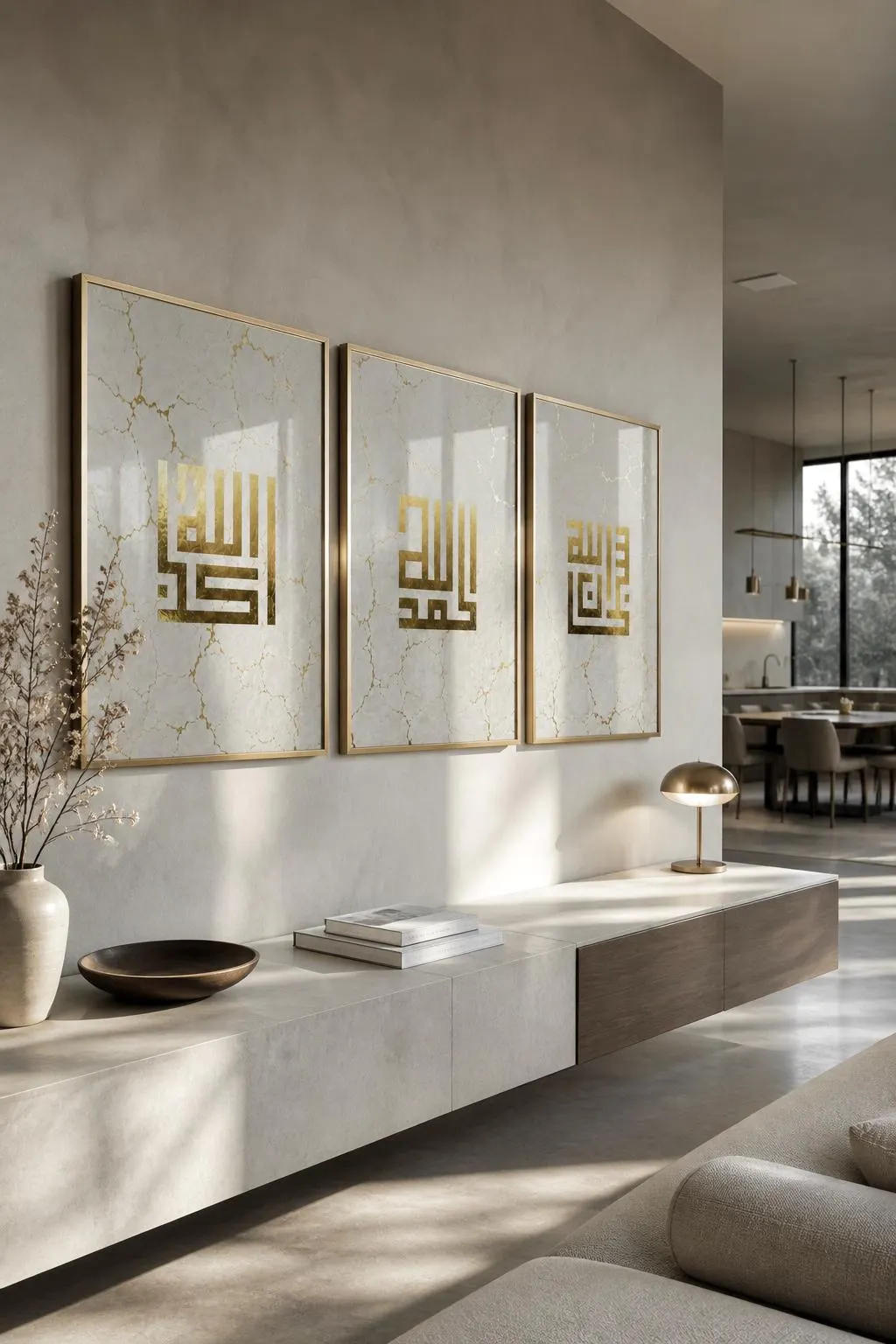 Kufic Islamic Wall Art Set of 3, Gold Foil Arabic Calligraphy Prints, Dhikr Wall Decor, Neutral beige home decor - image 3