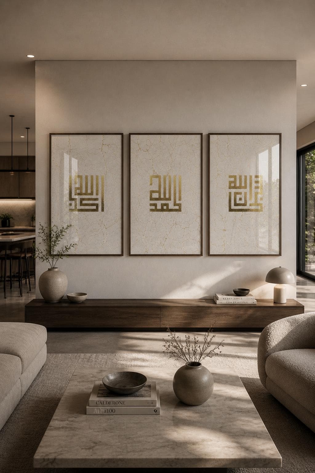 Kufic Islamic Wall Art Set of 3, Gold Foil Arabic Calligraphy Prints, Dhikr Wall Decor, Neutral beige home decor - image 4