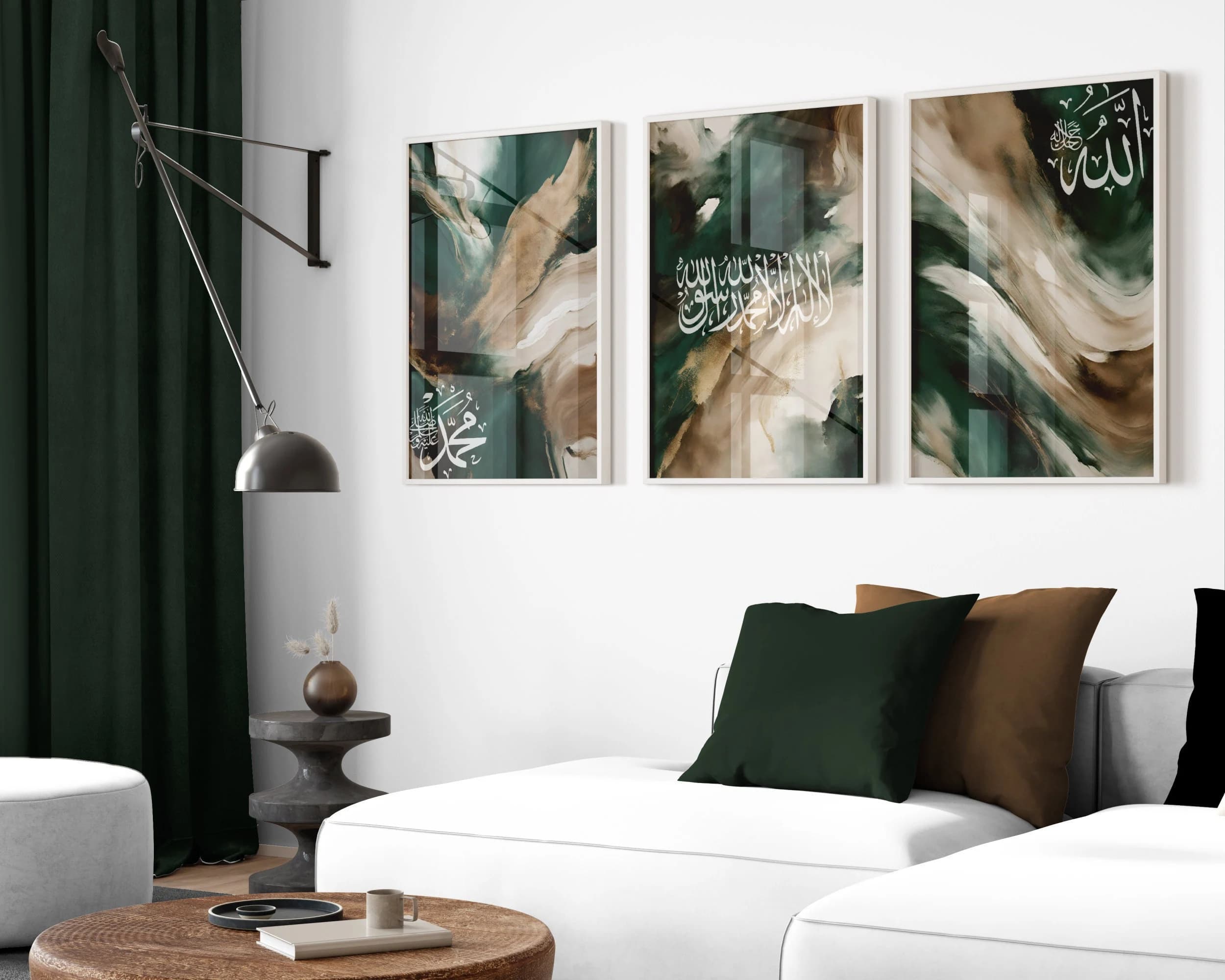 Set of 3 Islamic Wall Art Printable Kalima Shahada Abstract Emerald Green Art Downloadable Arabic calligraphy Modern Muslim Home decor Files