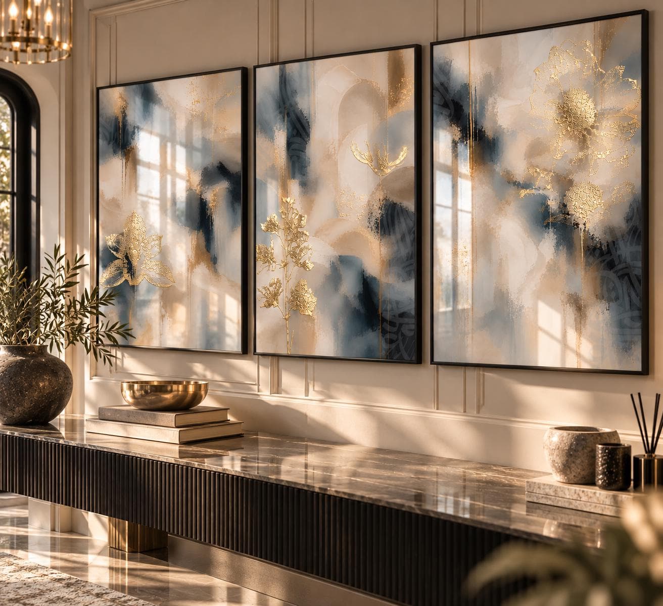 Navy Blue & Beige Gold Wall Art Set of 3, Gold Foil Floral Abstract Prints, Luxury Large Wall Art, Modern Neutral Living Room Decor - image 4