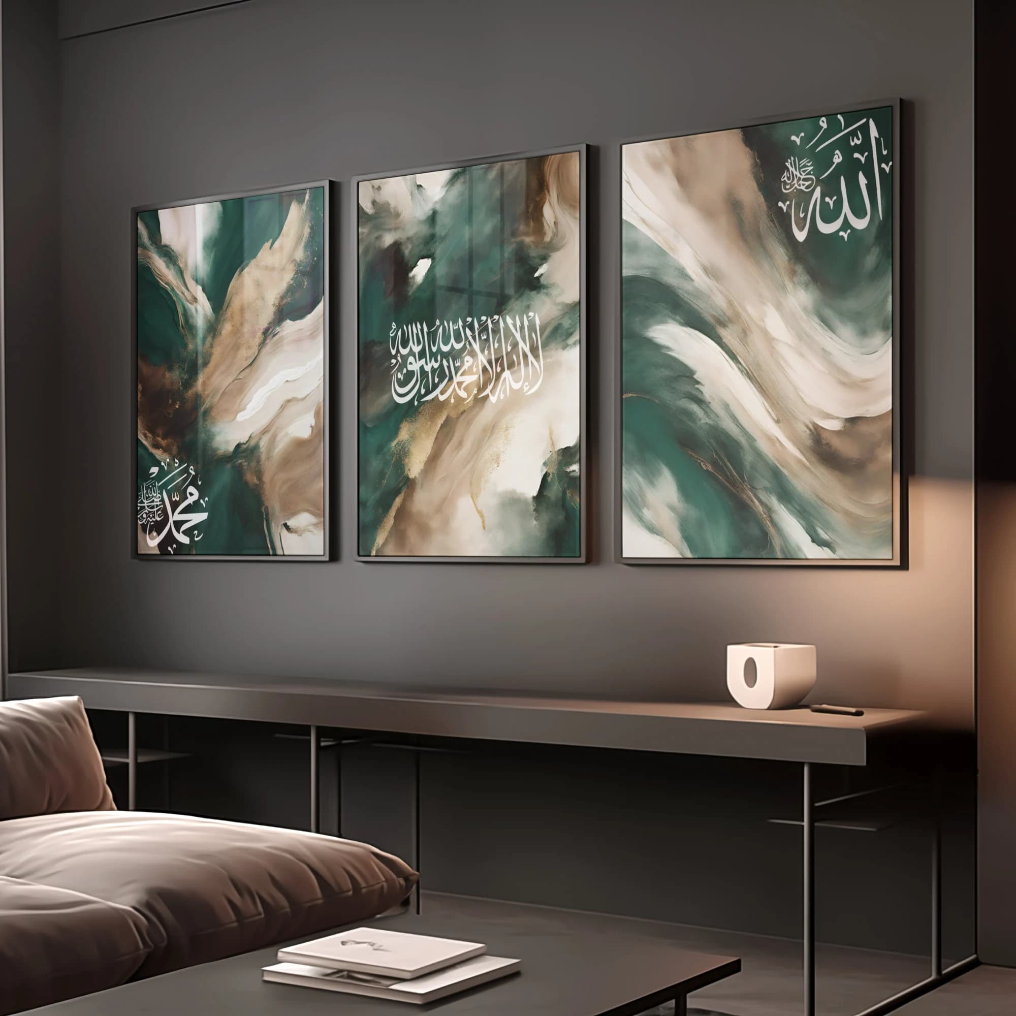 Set of 3 Islamic Wall Art Printable Kalima Shahada Abstract Emerald Green Art Downloadable Arabic calligraphy Modern Muslim Home decor Files - image 3