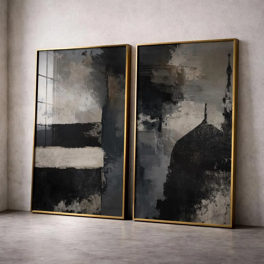 Islamic Abstract Dark Wall Art Set of 2, Kaaba and An-Nabawi Giclée Art Prints, Textured Posters - image 3