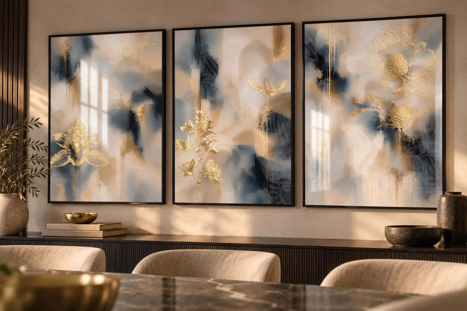 Navy Blue & Beige Gold Wall Art Set of 3, Gold Foil Floral Abstract Prints, Luxury Large Wall Art, Modern Neutral Living Room Decor - image 5