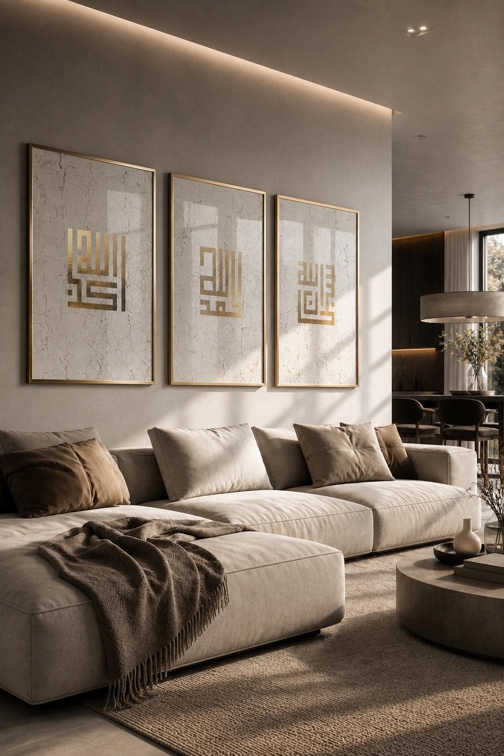 Kufic Islamic Wall Art Set of 3, Gold Foil Arabic Calligraphy Prints, Dhikr Wall Decor, Neutral beige home decor - image 5