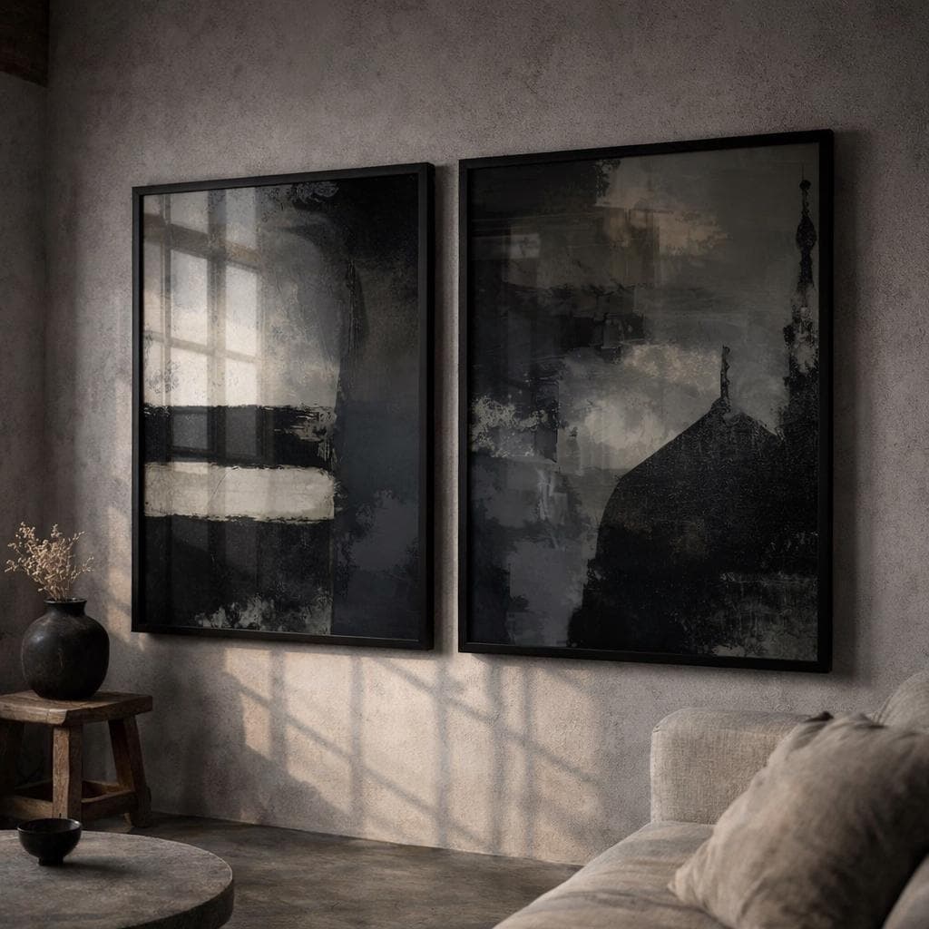 Islamic Abstract Dark Wall Art Set of 2, Kaaba and An-Nabawi Giclée Art Prints, Textured Posters