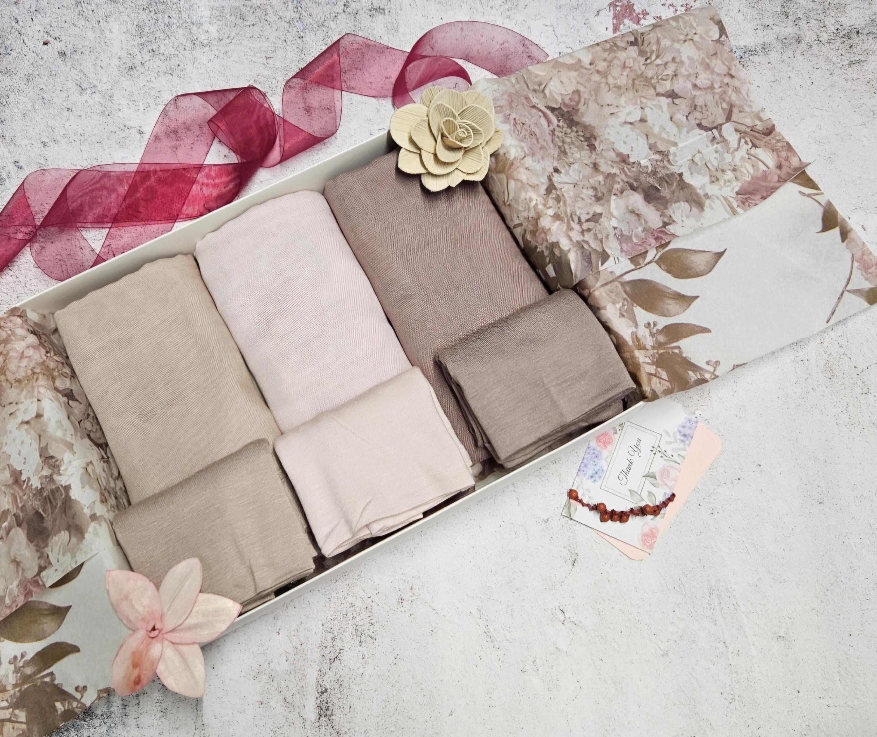 Hijab cap set gift box, chiffon hijabs gift for her, personalised gifting eid ramadan umrah hajj