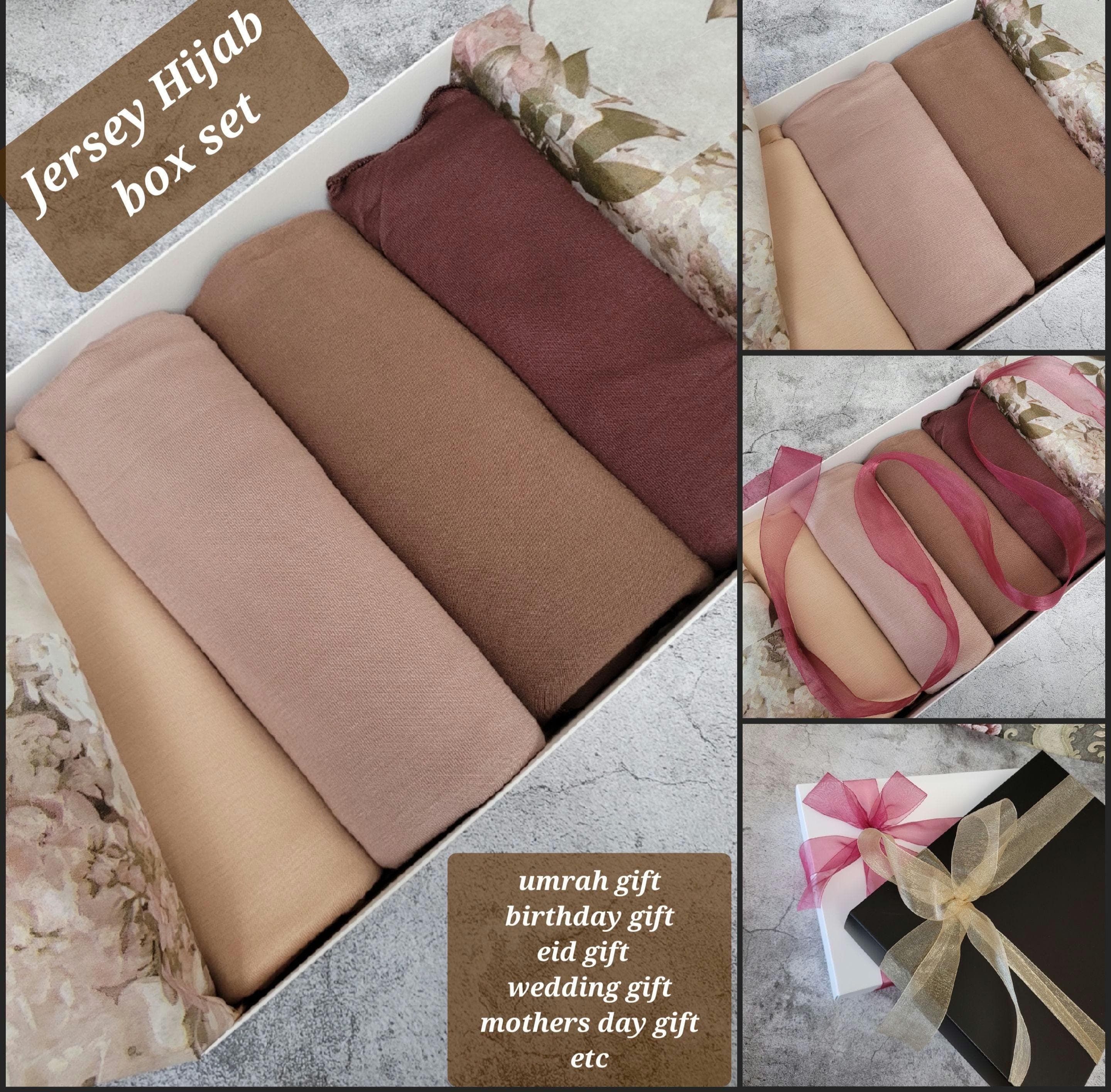 Hijab gift set JERSEY hijab set box  gift for her, jersey hijab satin undercap scarves set, scarf gift set personalised umrah gift hajj gift