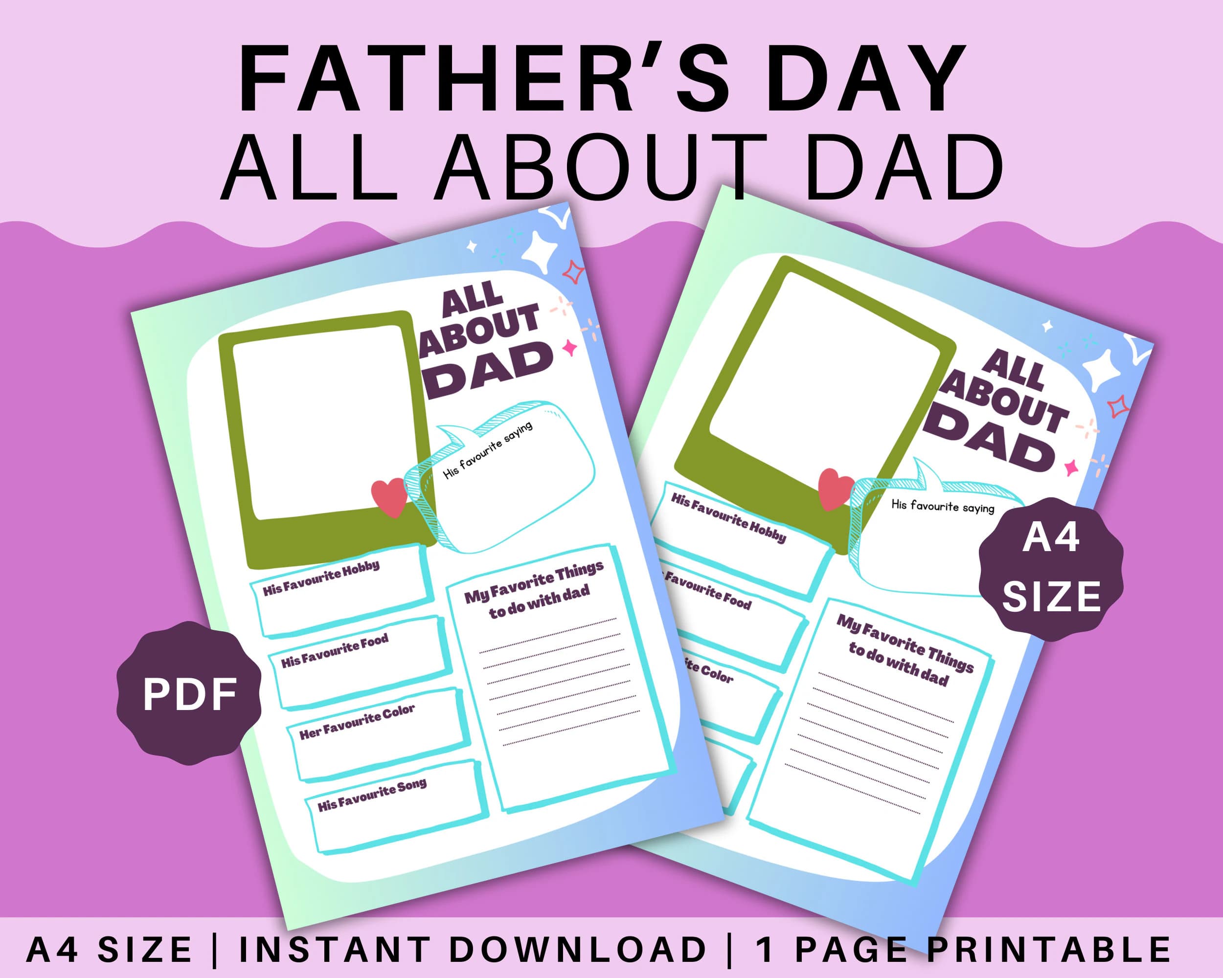Father's Day All About Dad Worksheet, Kids Activity (Digital Download)
