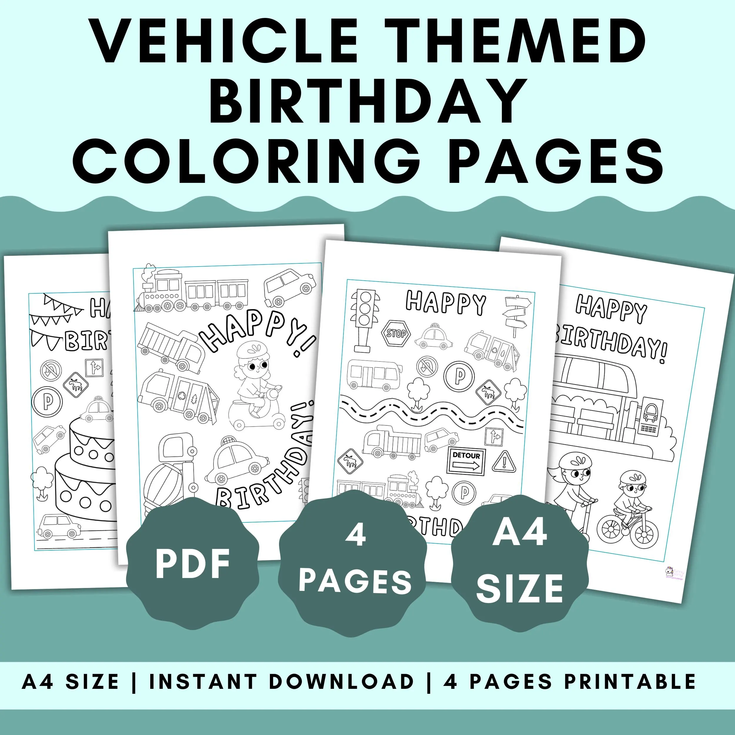 Vehicle Birthday Coloring Pages for Kids (PDF Pattern)