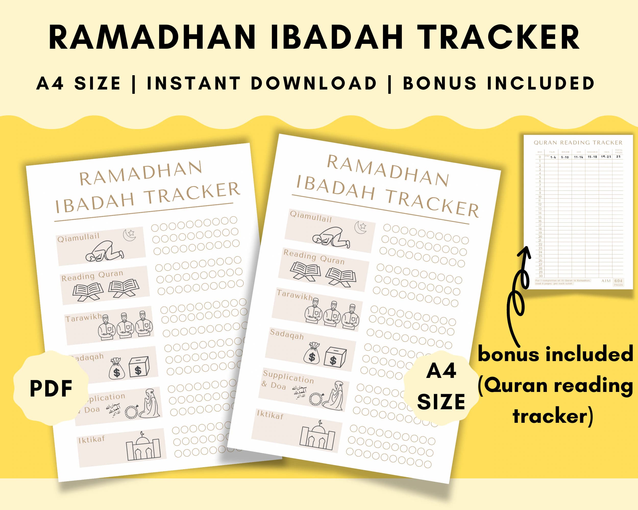 Printable Ramadan Ibadah Tracker with Quran Reading Bonus (A4, Digital Download)