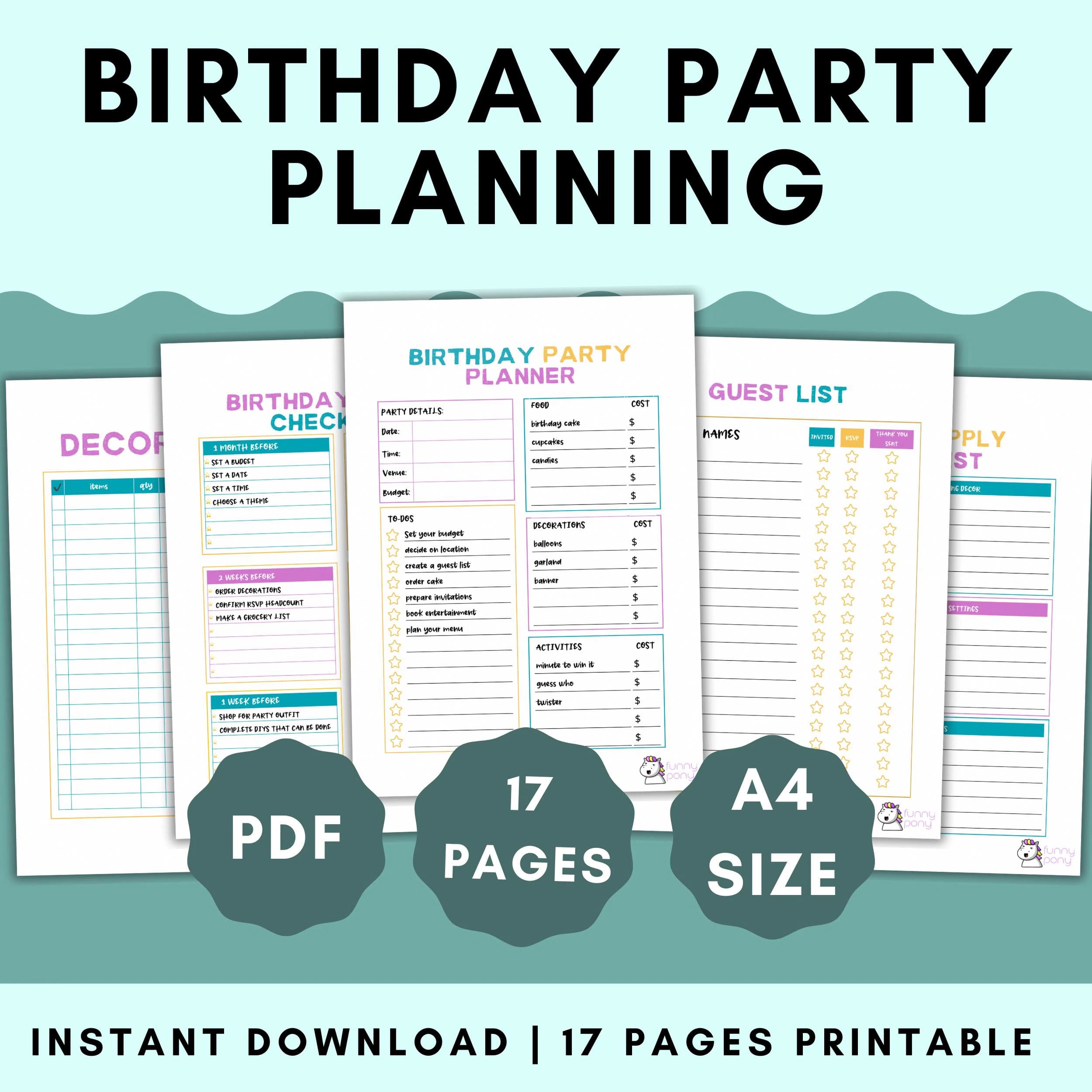Kids Birthday Party Planner, Checklist & Guest List (PDF)
