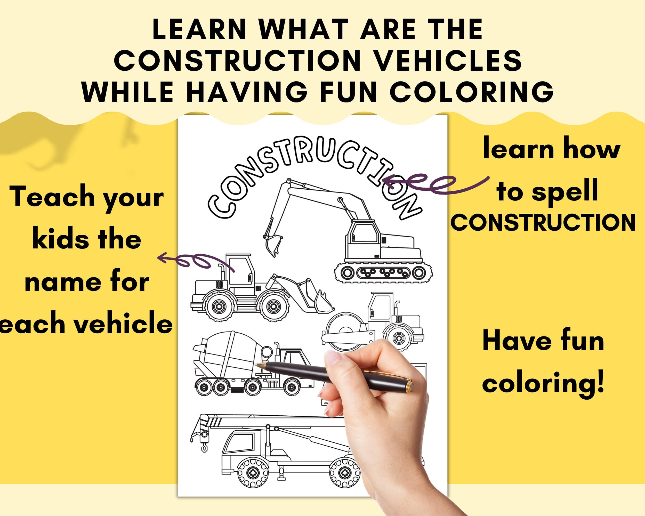 Construction Vehicle Coloring Page, A4 Learning Worksheet (Digital Download) - image 3