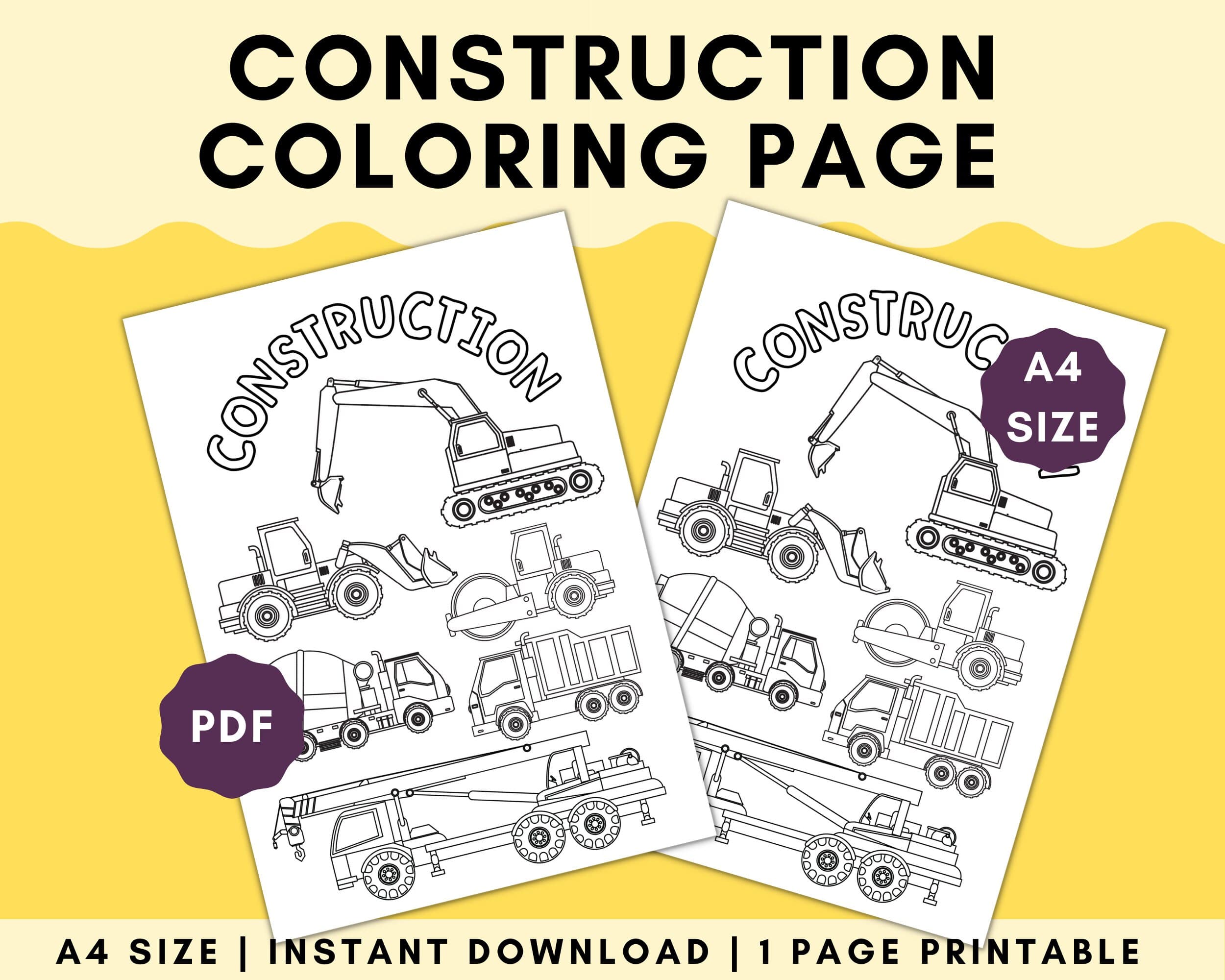 Construction Vehicle Coloring Page, A4 Learning Worksheet (Digital Download)