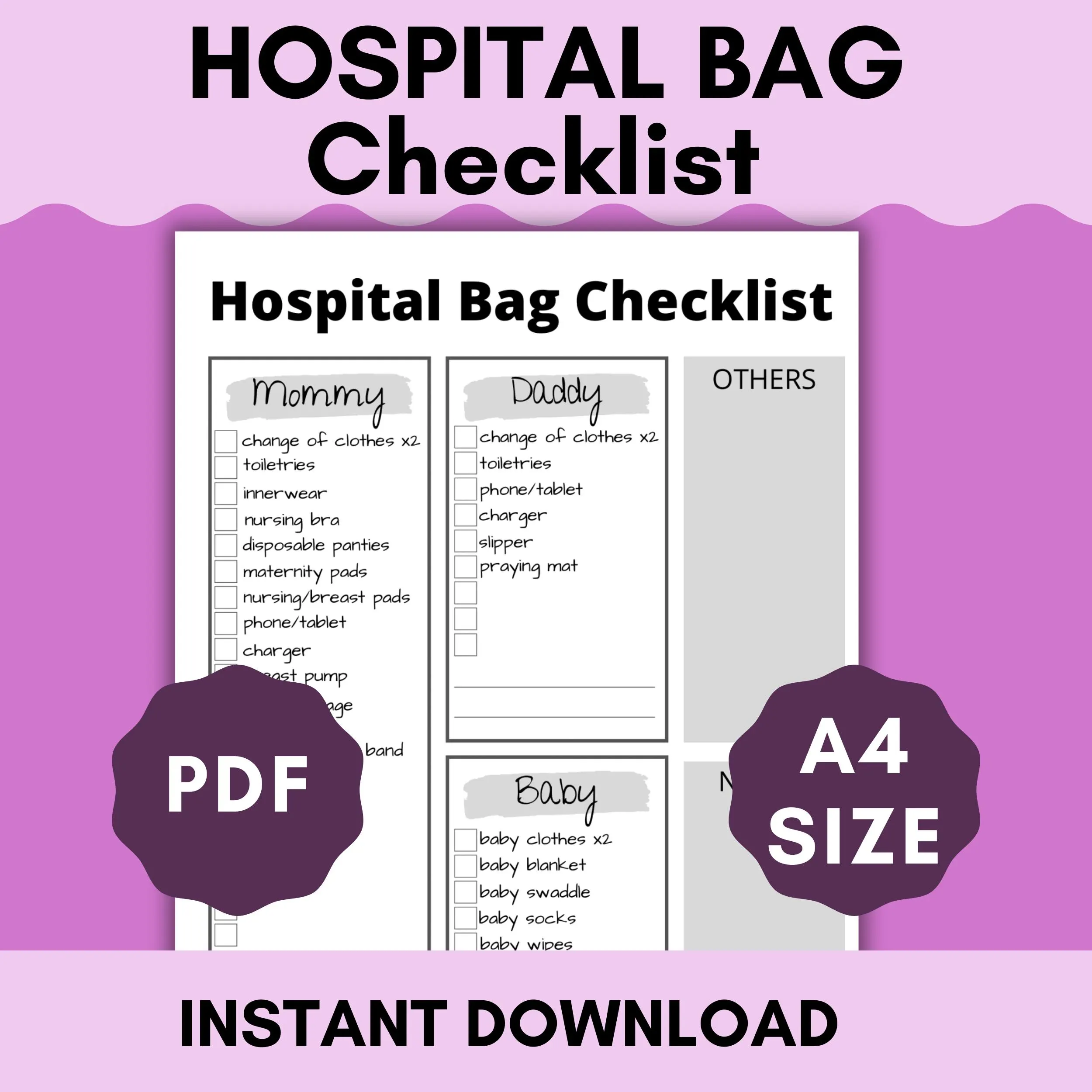 Hospital Bag Checklist, Maternity Planner (A4 Printable)