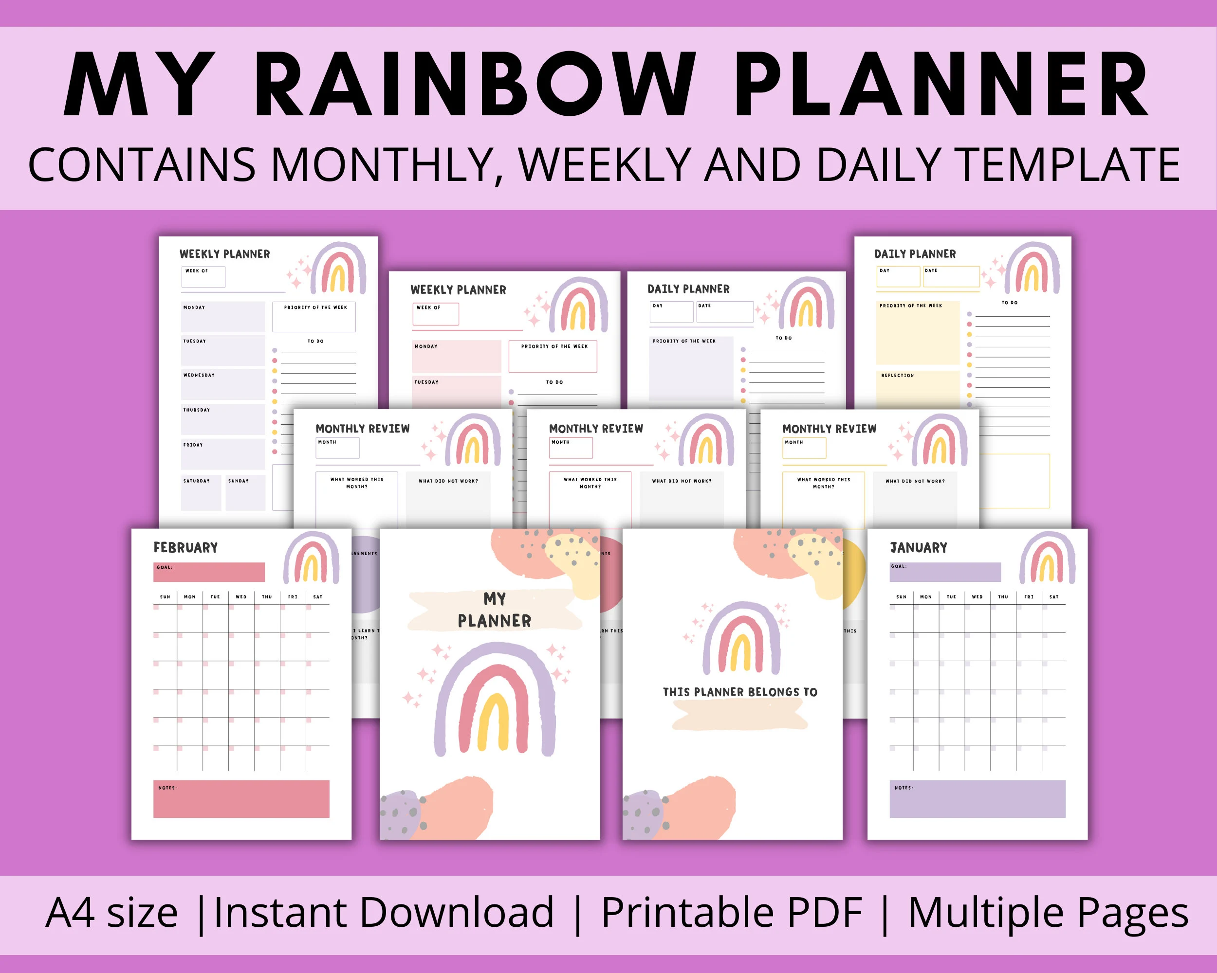 Printable Rainbow Planner for Kids, Teens | Colorful Monthly, Weekly, Daily Templates (Digital Download)